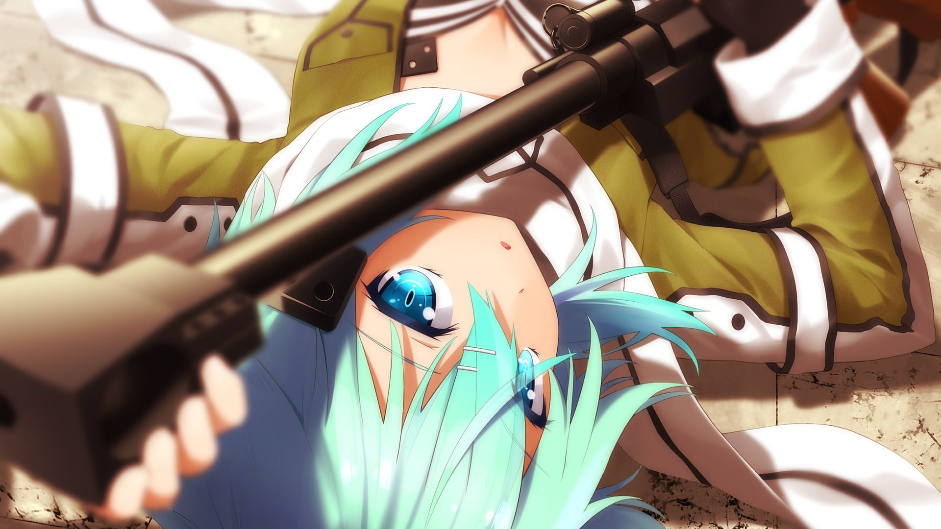 blue haired anime character holding rifle wallpaper girls 2k