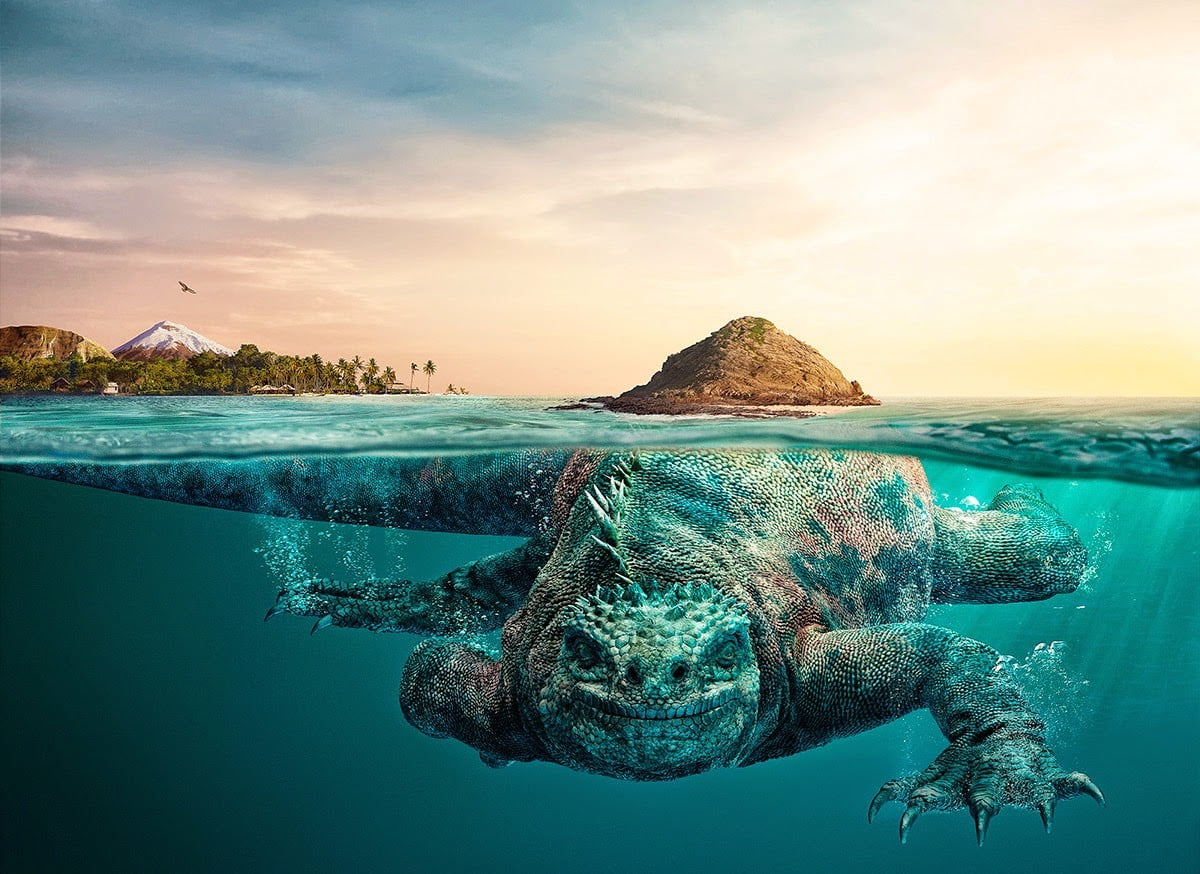 brown and blue water monster illustration nature landscape