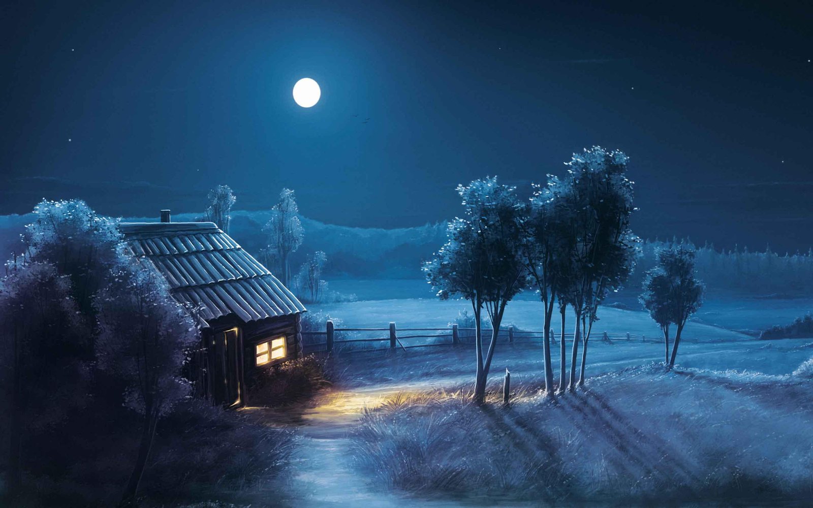 Blue Night Full Moon Scenery brown house 2k