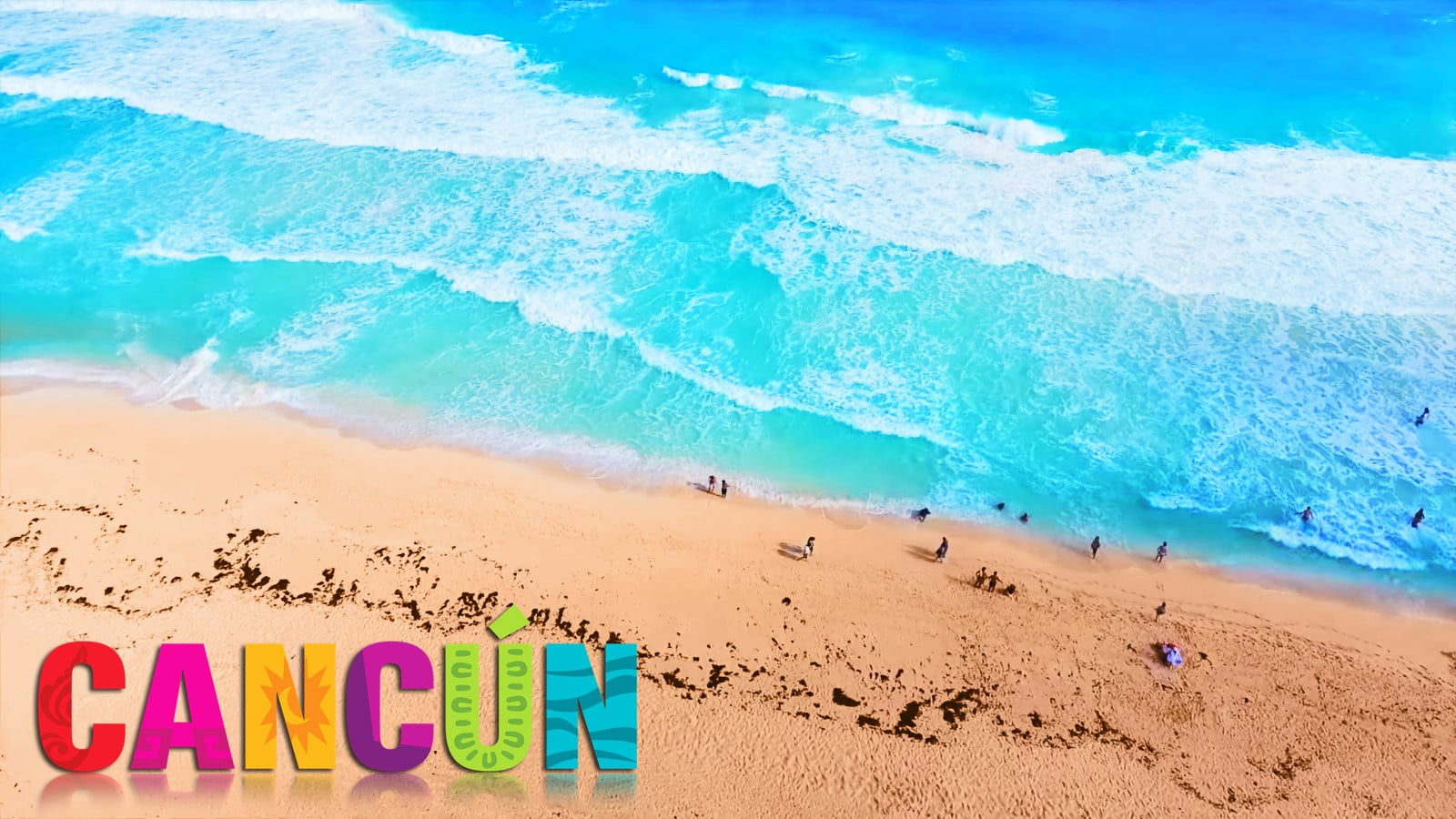 body of water with text overlay Cancun beach land sea sand 2k