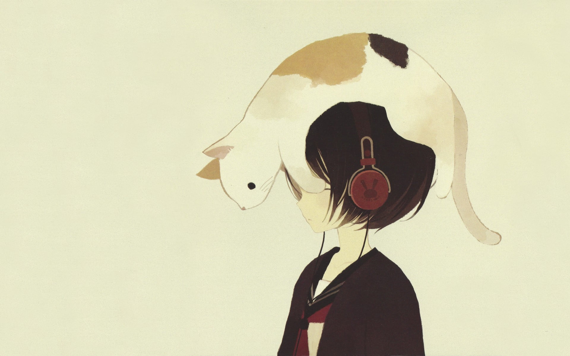 cat on anime character with black hair and headphones girls 2k