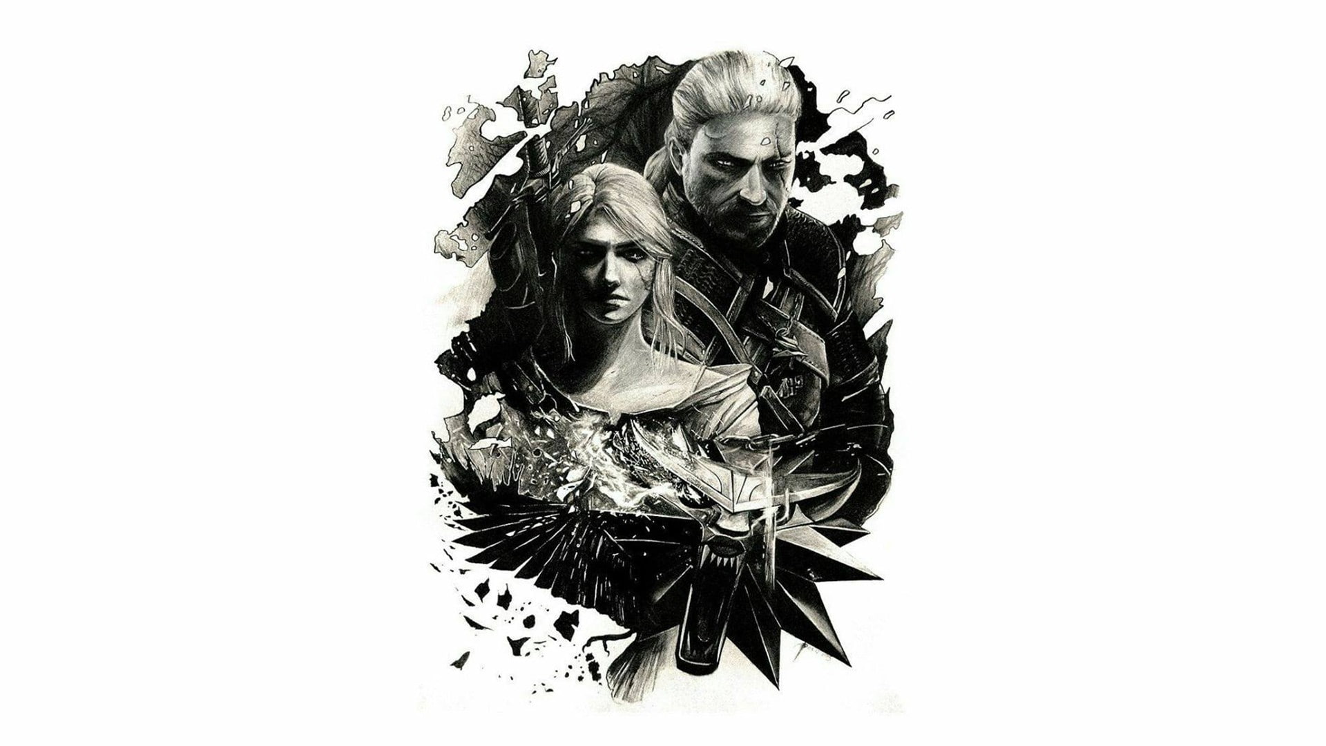 Ciri Geralt Of Rivia monochrome Simple Background The Witcher 2k