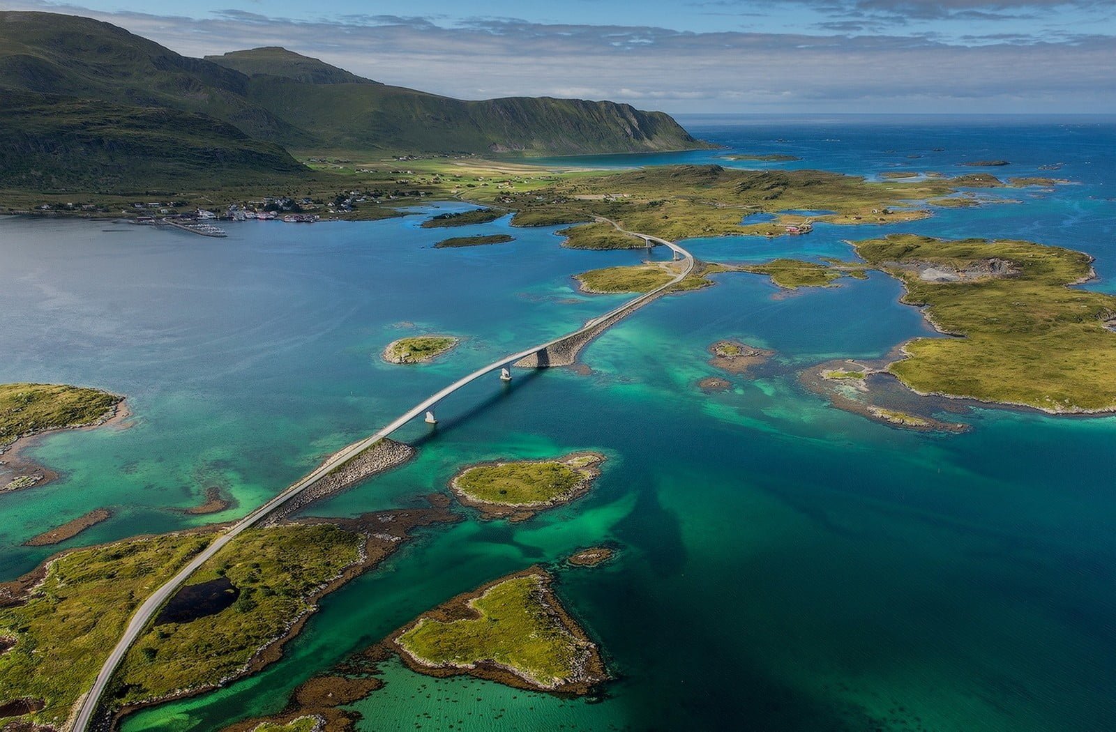 aerial photography of bridge nature landscape island sea 2k