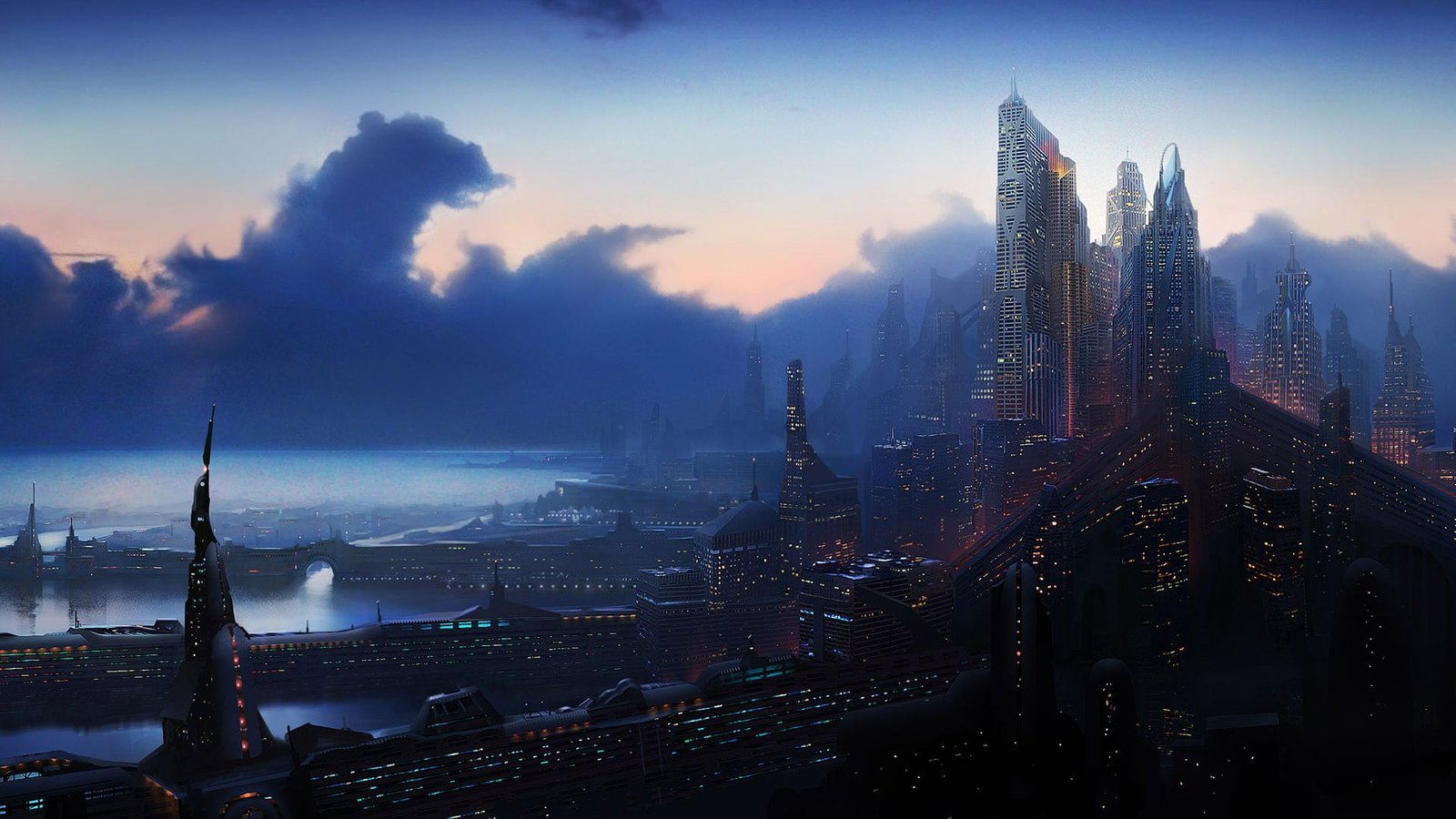 city of high rise building digital wallpaper fantasy art futuristic 2k