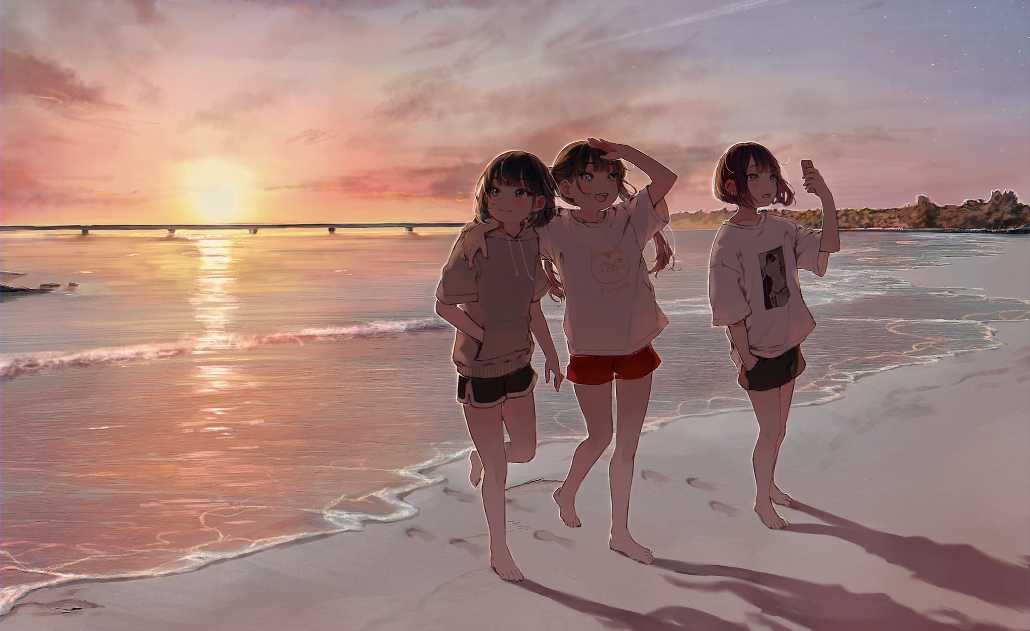 anime girls original characters sunset beach landscape 2k