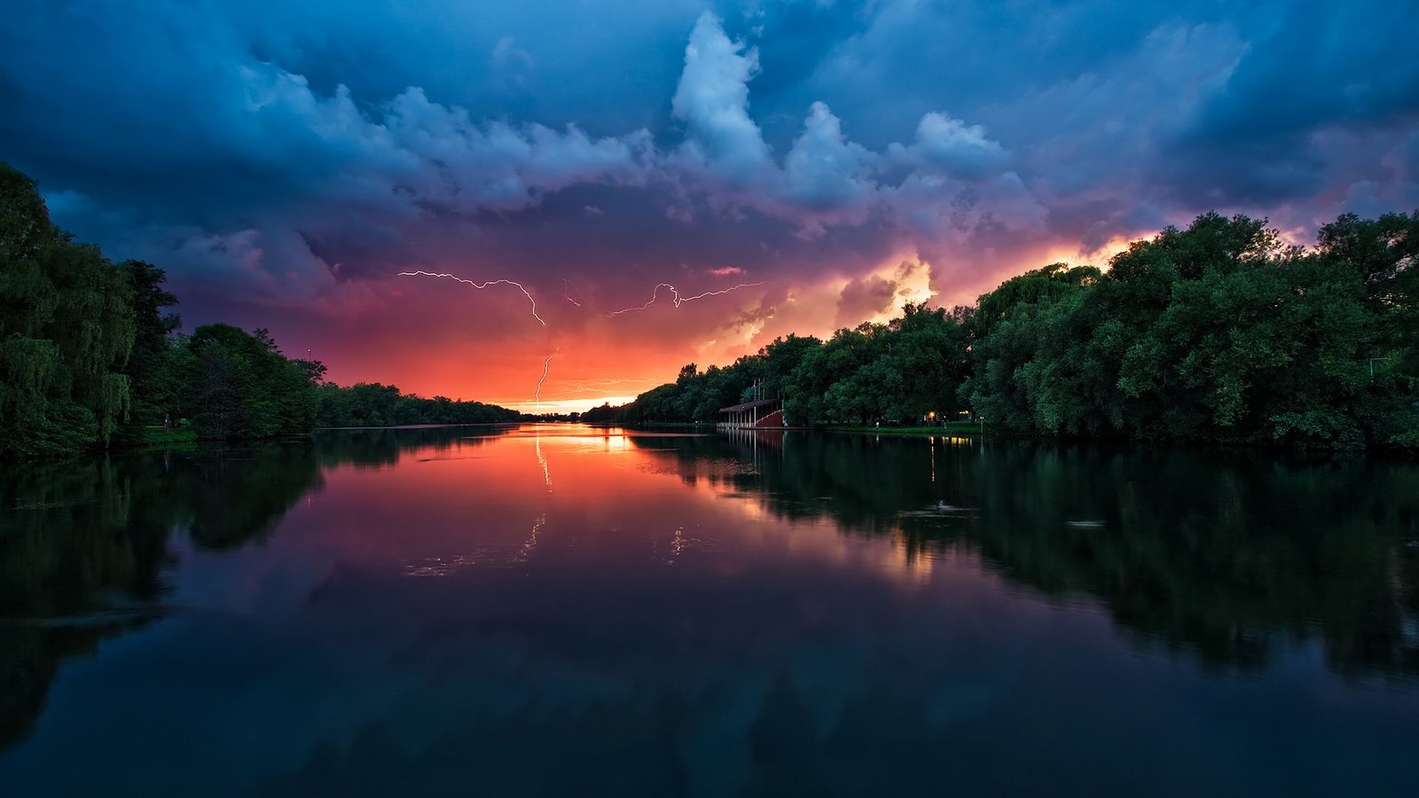 Dusk scenery river storm clouds house trees lightning 2k