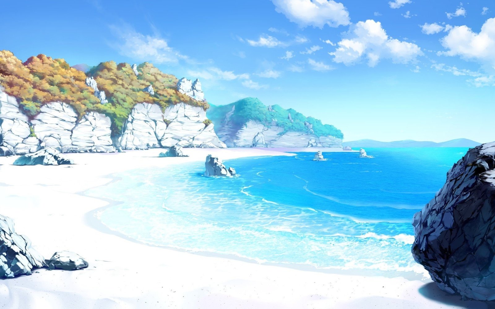 anime artwork beach clouds drawing landscape rock sand 2k