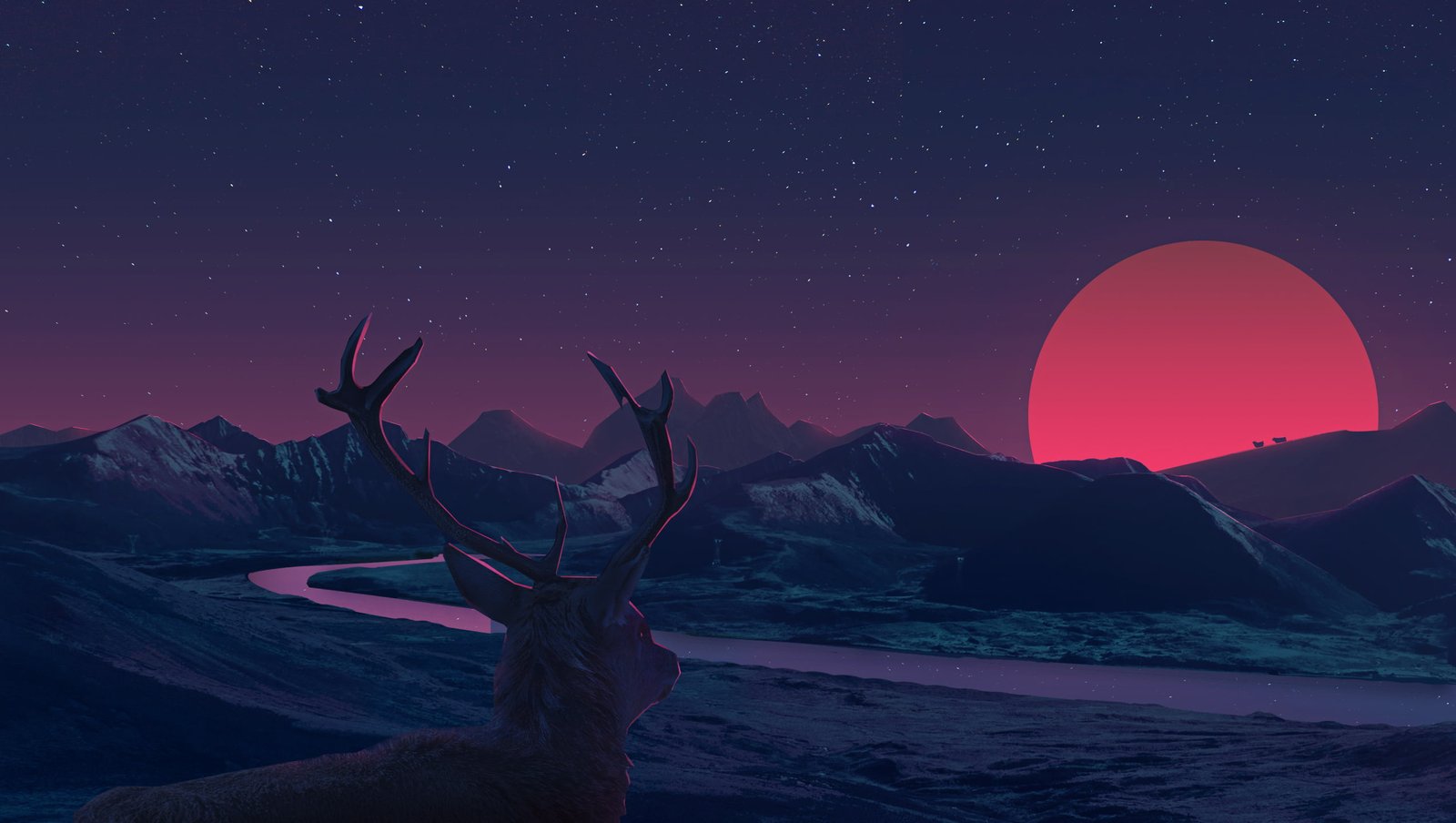 deer wallpaper brown looking on moon painting animals 2k
