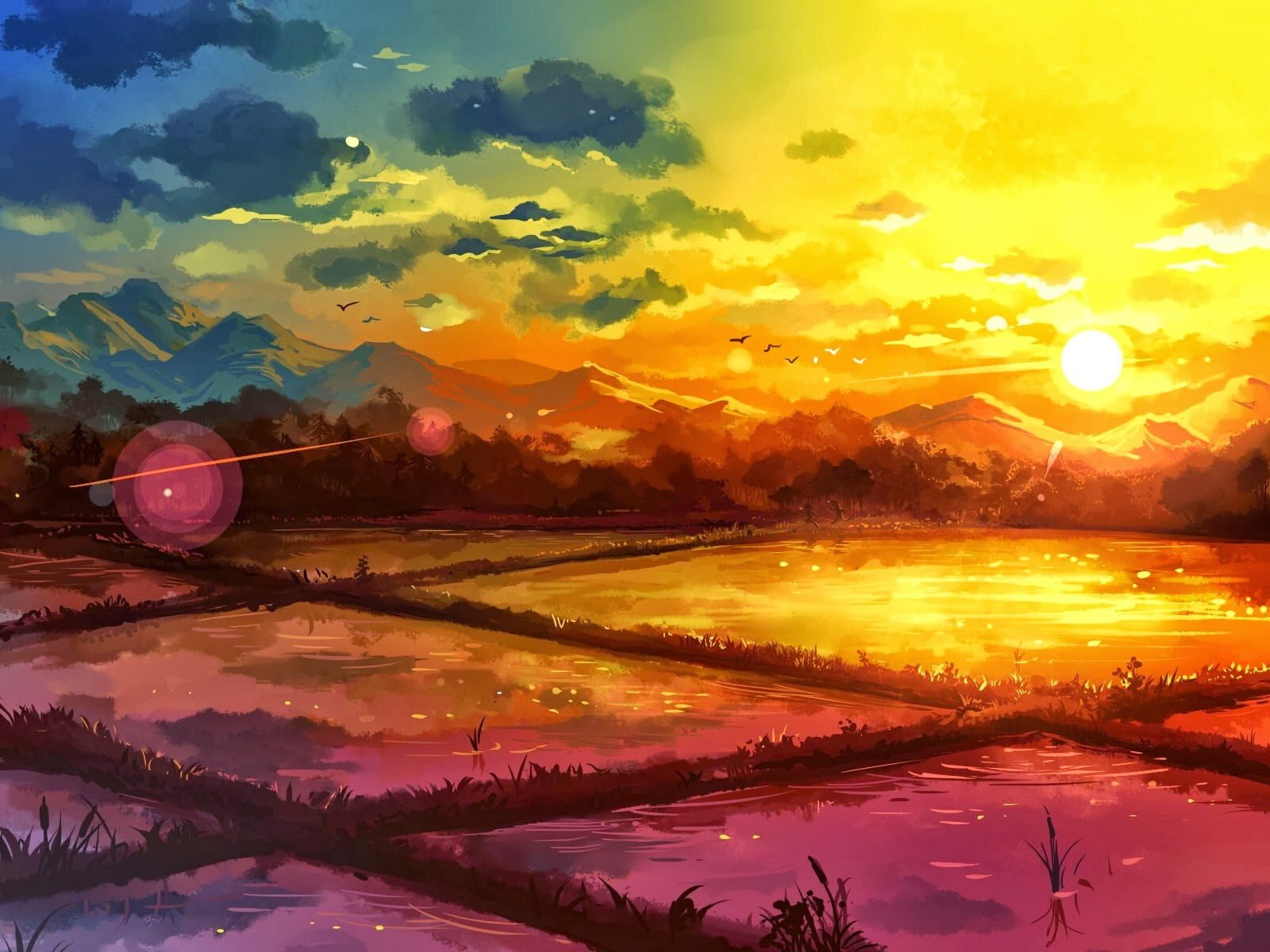 fantasy art drawing rice paddy sunrise nature landscape 2k