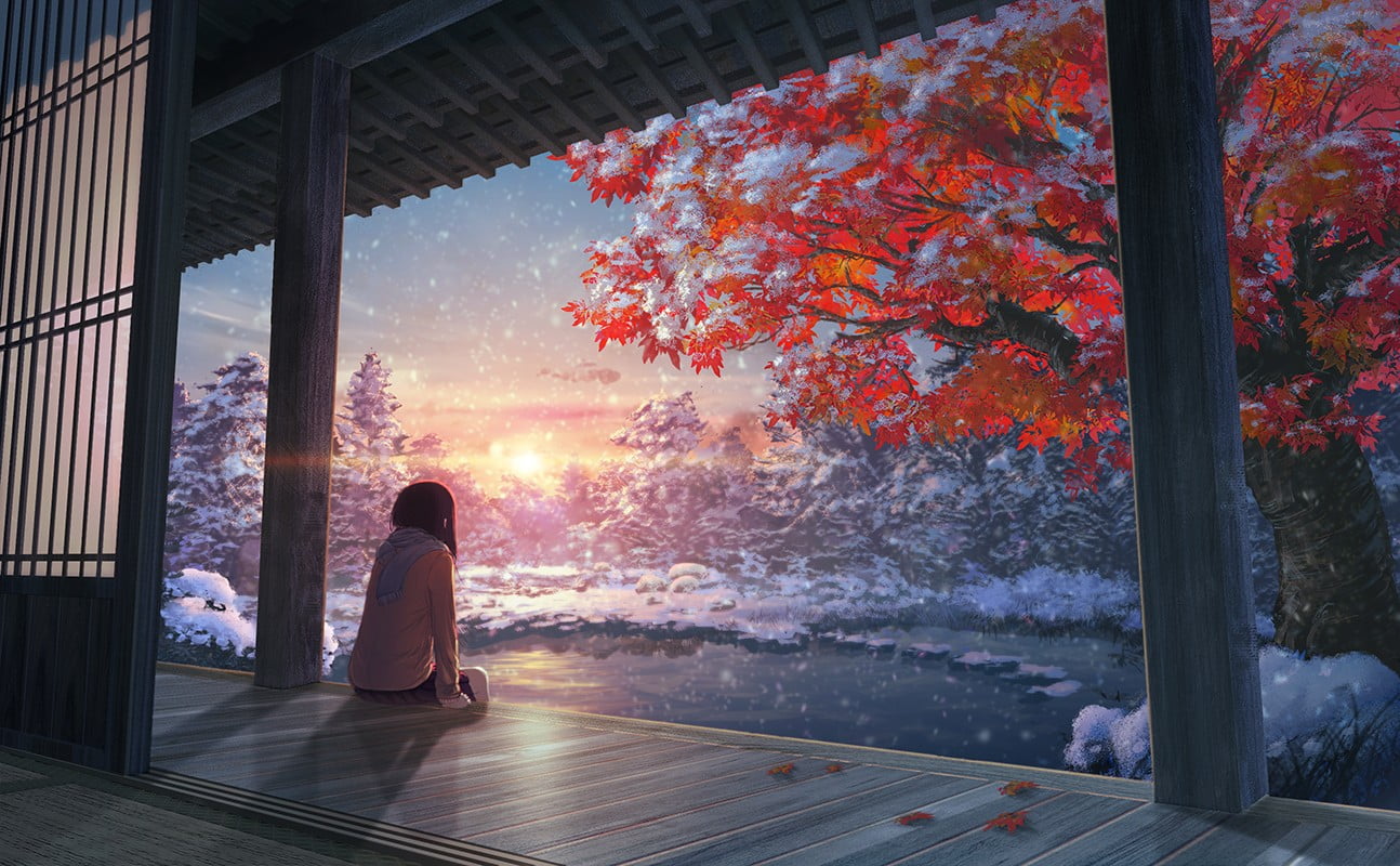 female anime character wallpaper sitting in front of tree