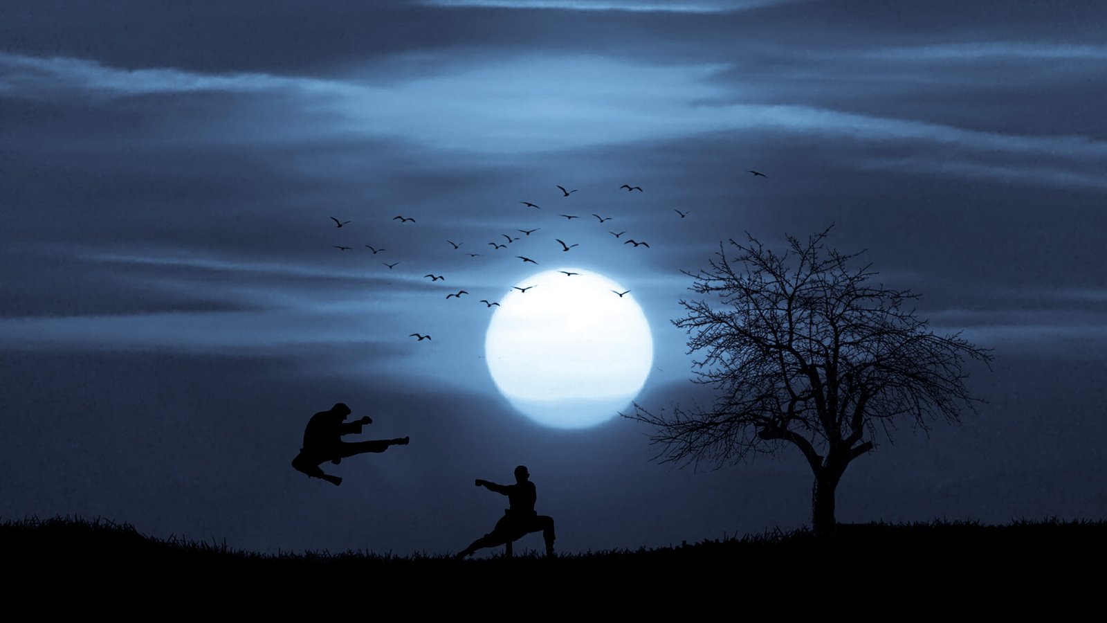 Silhouetted figures fighting in martial arts and kung fu against a large moon 2k