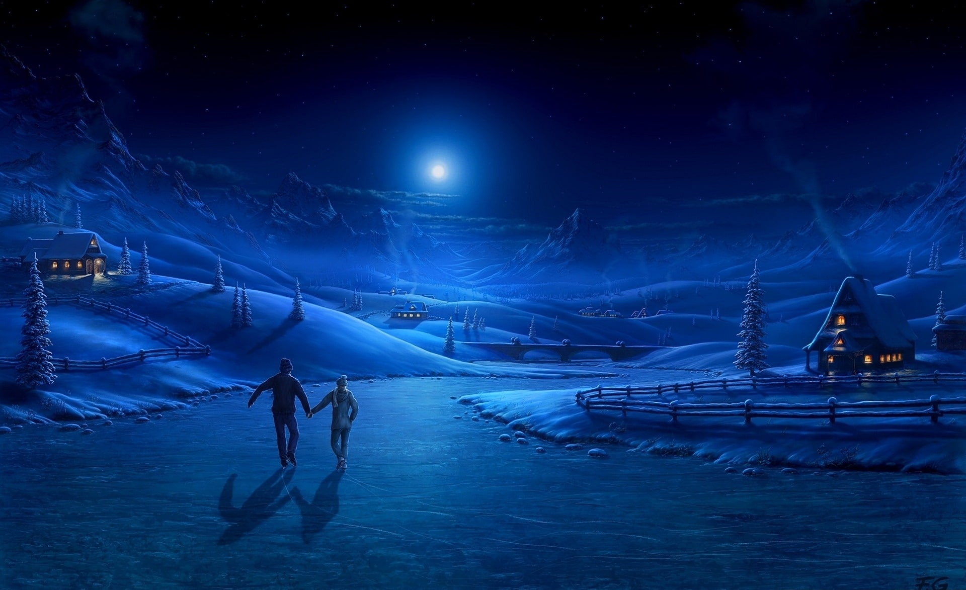 Skating snow village illustration Seasons Winter Night Painting 2k