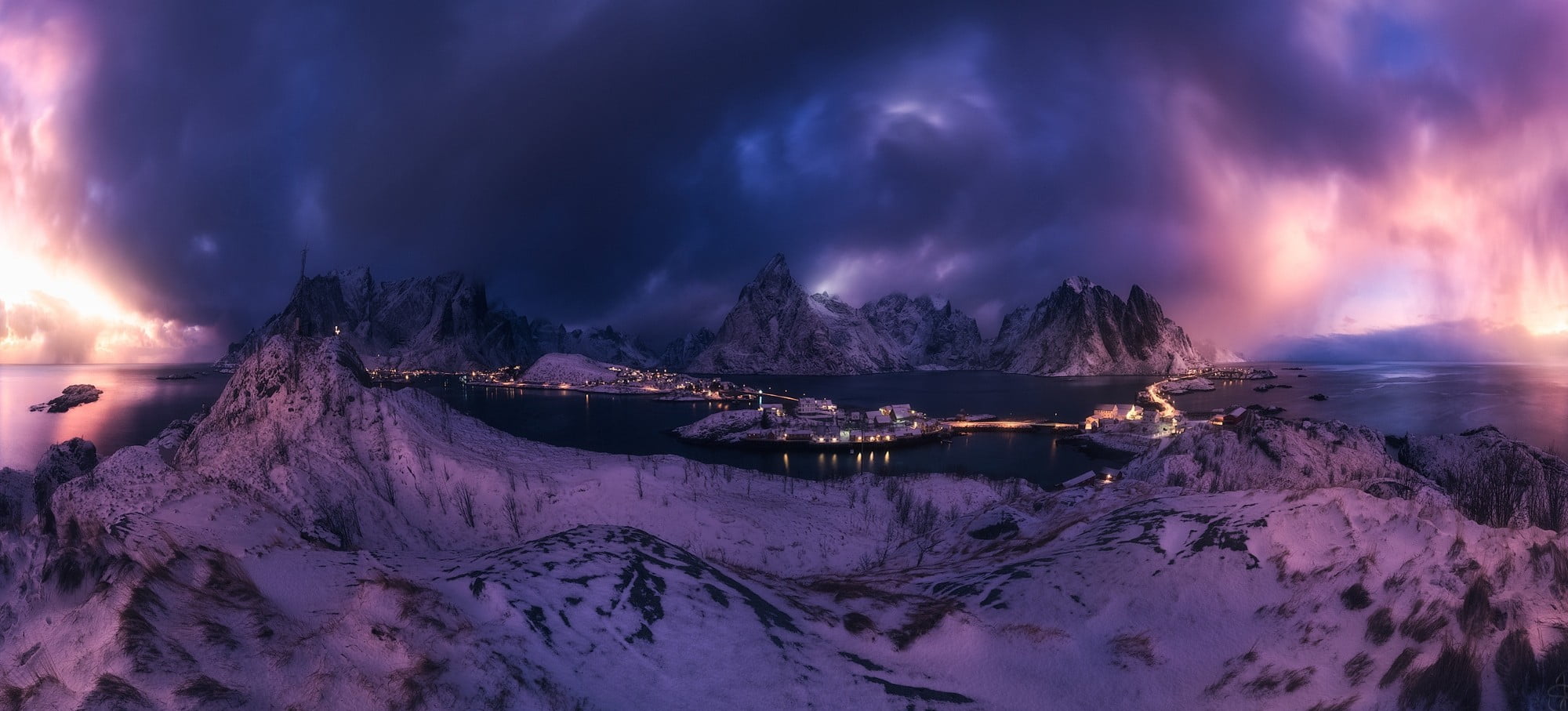snow filled mountain nature landscape Reine Lofoten Islands 2k