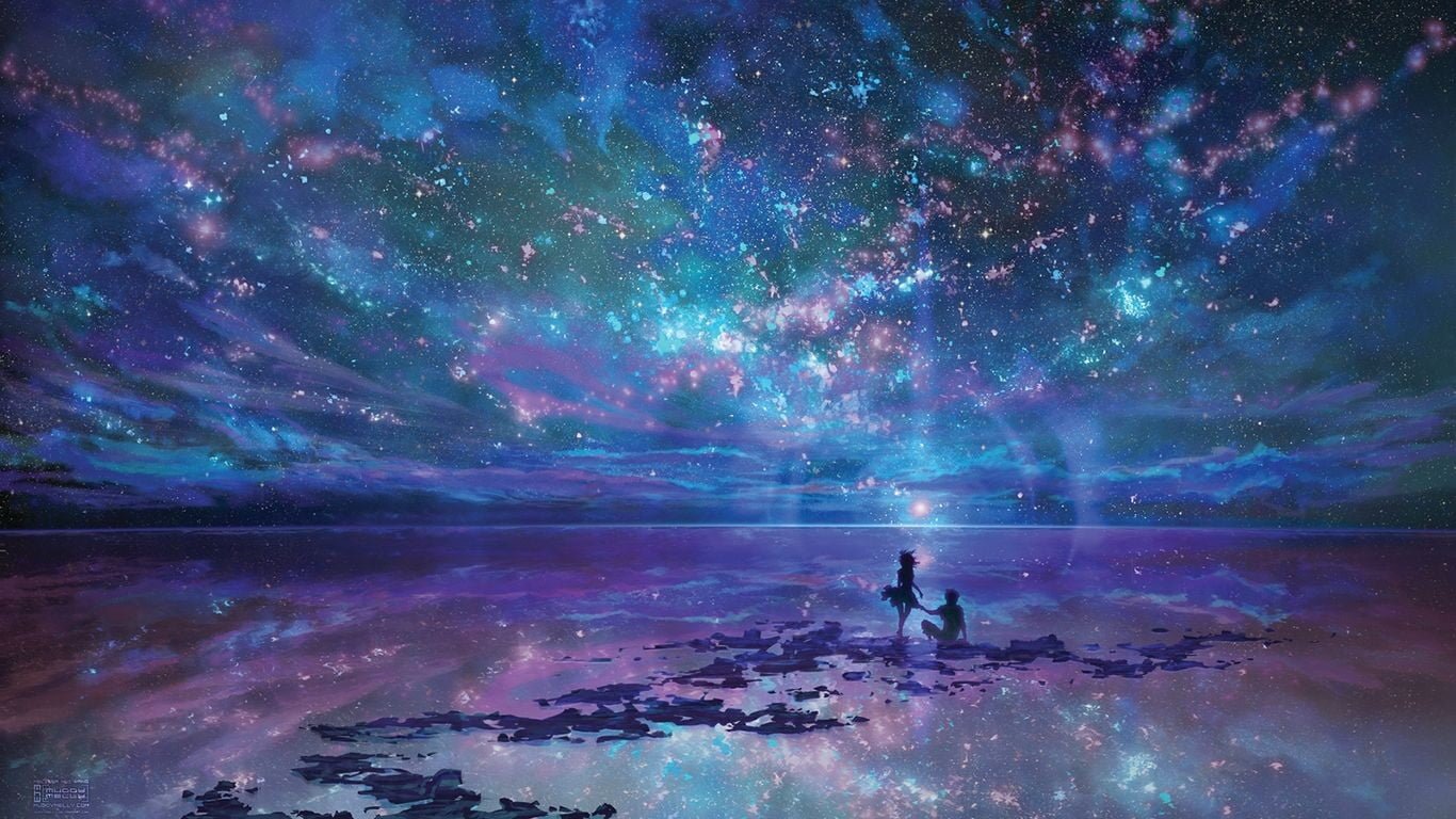 purple and teal galaxy wallpaper silhouette photo of man proposing to woman