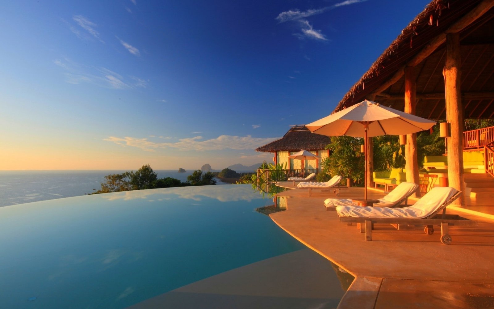 swimming pool mansions beach umbrella tropical sea water 2k