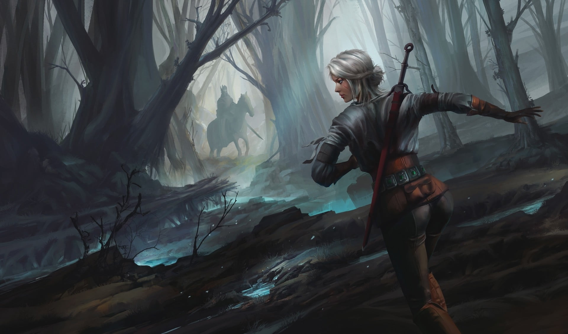 running woman with sword illustration Ciri The Witcher video games 2k