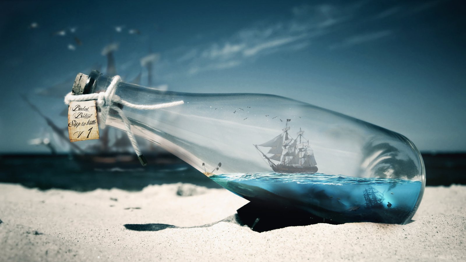 ship impossible bottle sea shark pirates B lint Budai digital art 2k