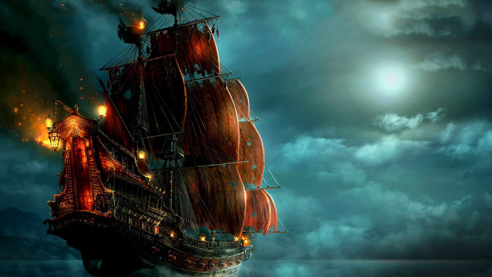 black and red pirate ship illustration pirates night sailing 2k