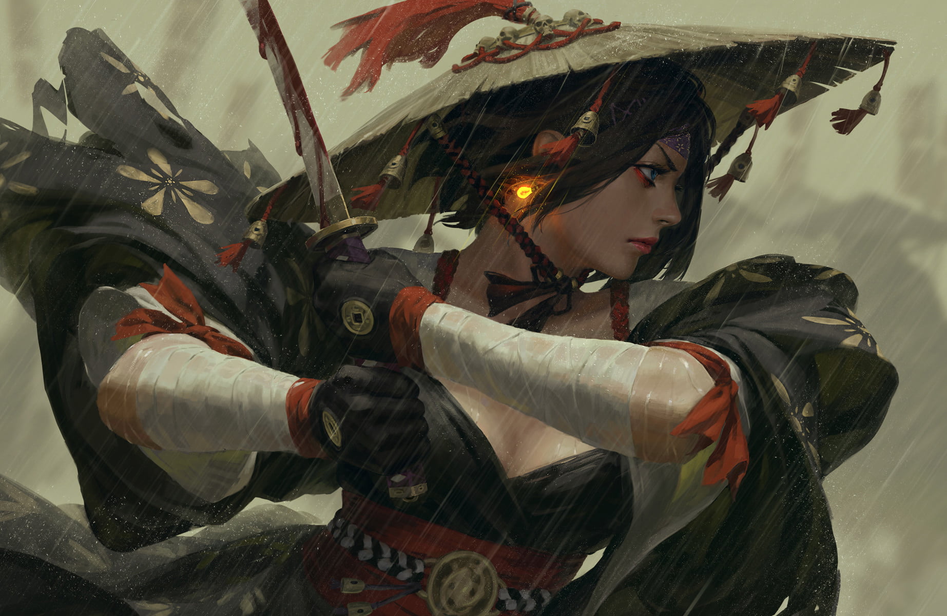 black haired female holding katana illustration warrior fantasy art 2k