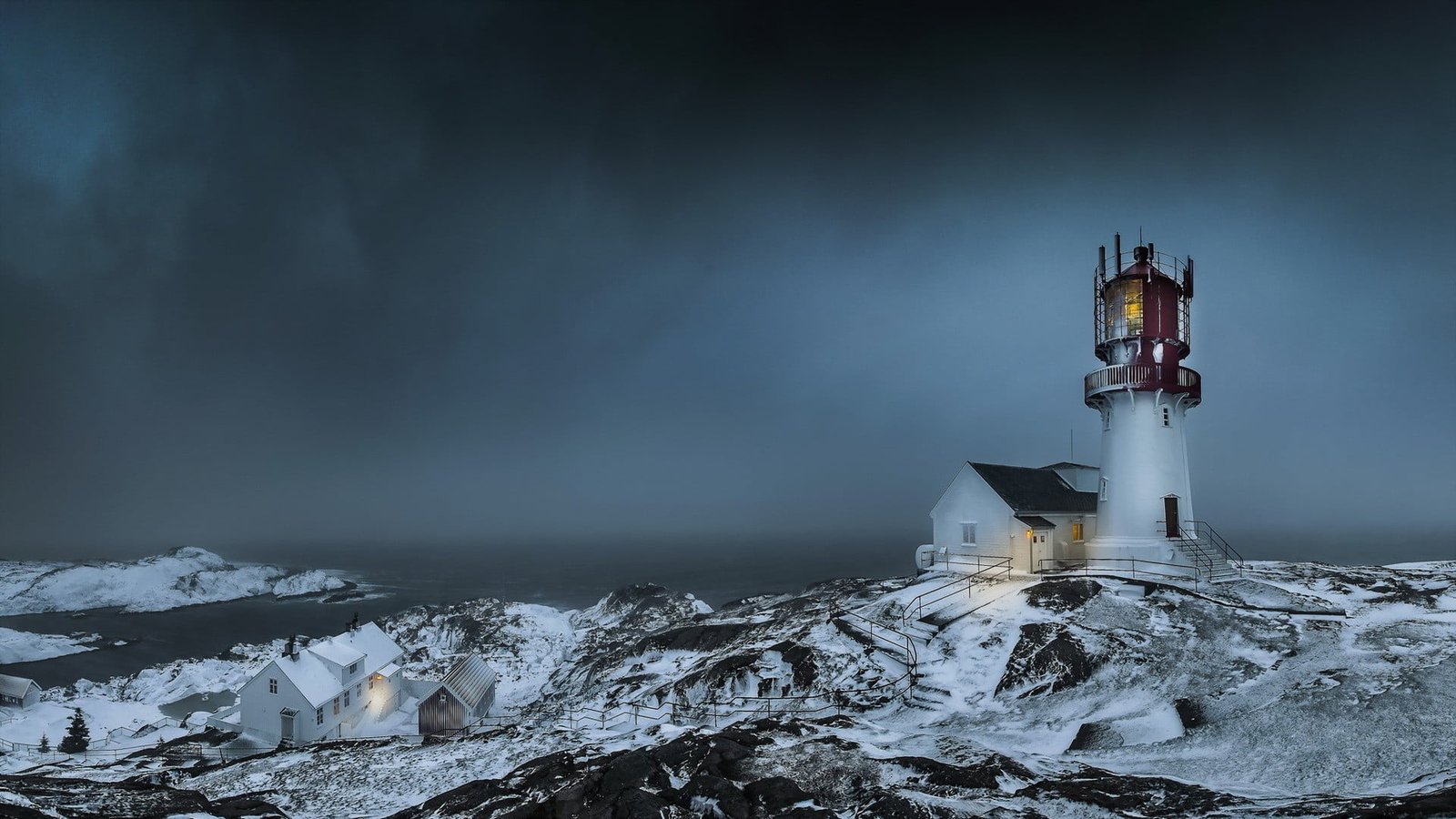 white and brown lighthouse mountain nature landscape clouds 2k