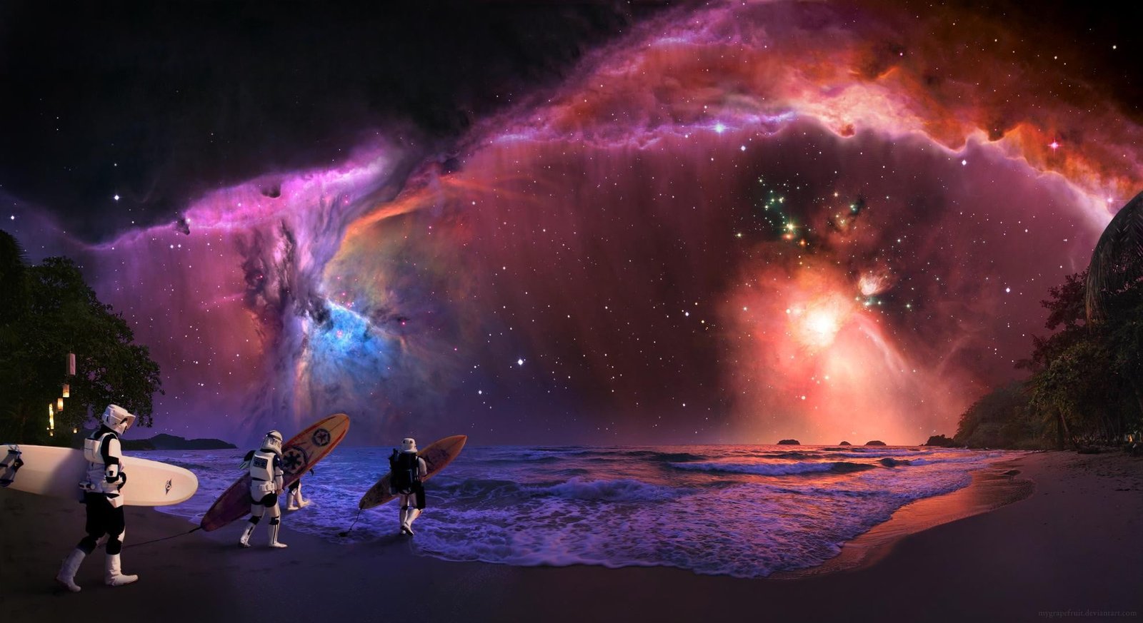 three man holding surfboards wallpaper Star Wars digital art 2k