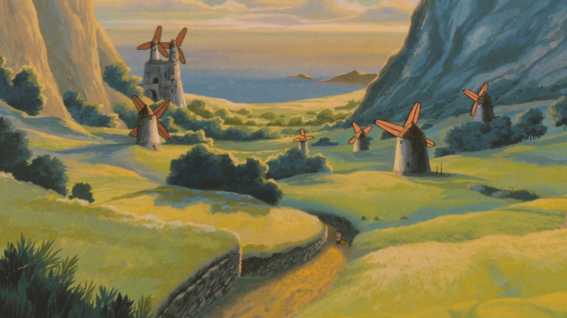 windmills on grass field near mountain painting landscape Nausicaa 2k