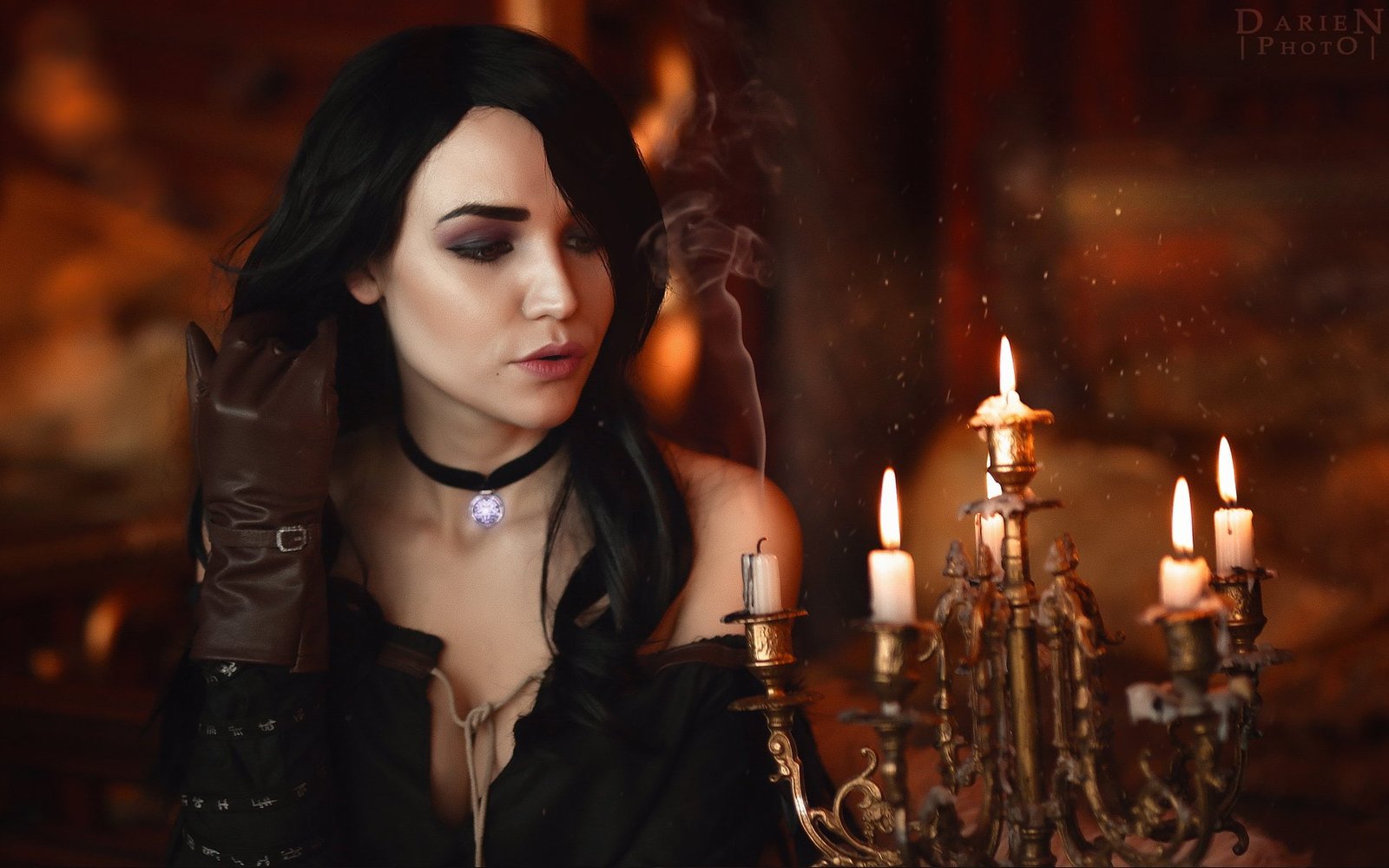 Women Cosplay Black Hair Candle Collar Glove Long 2k