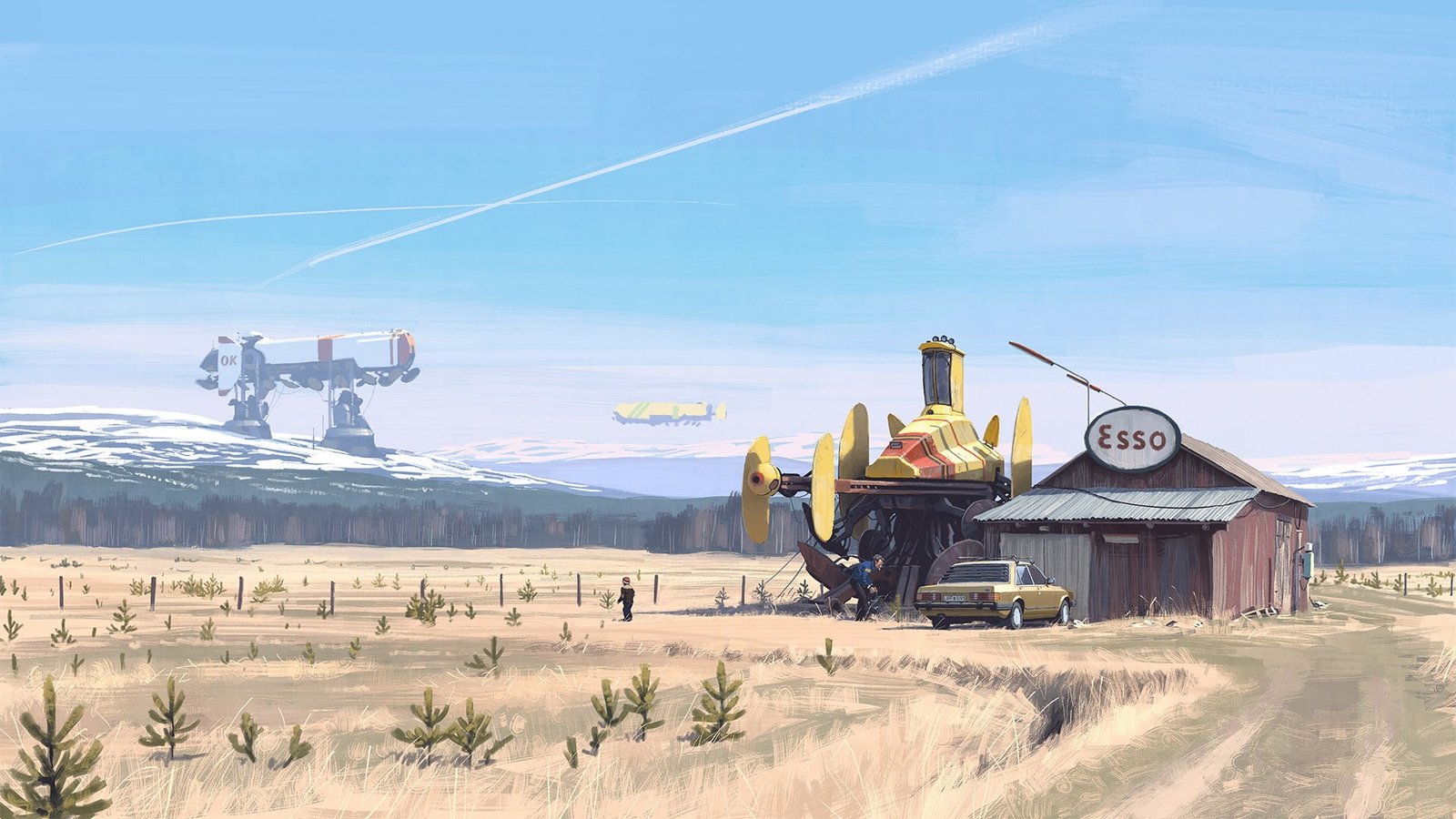 brown sedan drawing Simon St lenhag futuristic digital art 2k