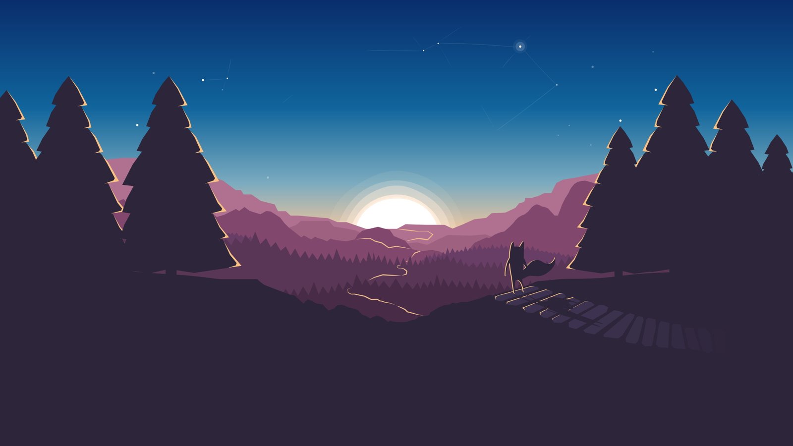 valley pine trees river fox vector art minimalism graphics 2k 4k