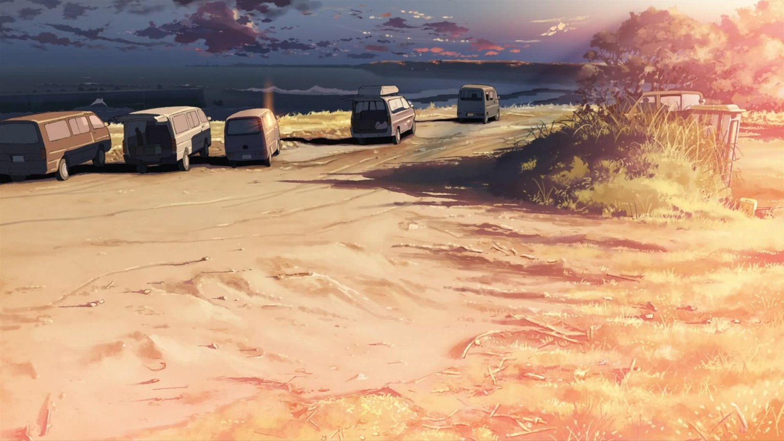 vehicles parked beside body of water painting beach sunset 2k
