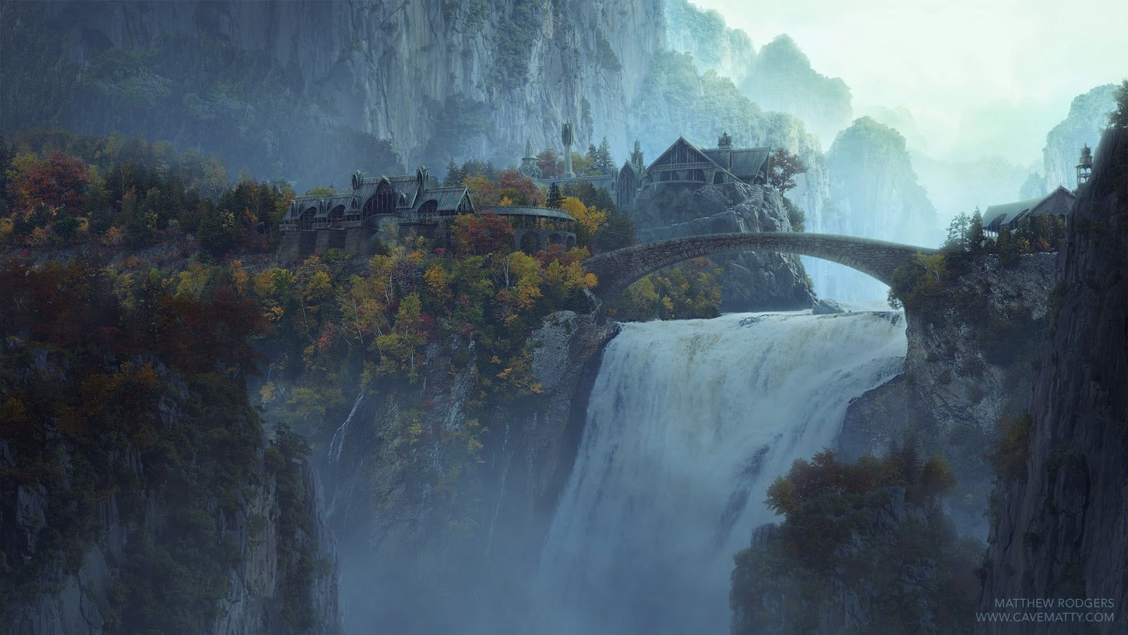 waterfalls painting movies The Lord of the Rings Rivendell 2k