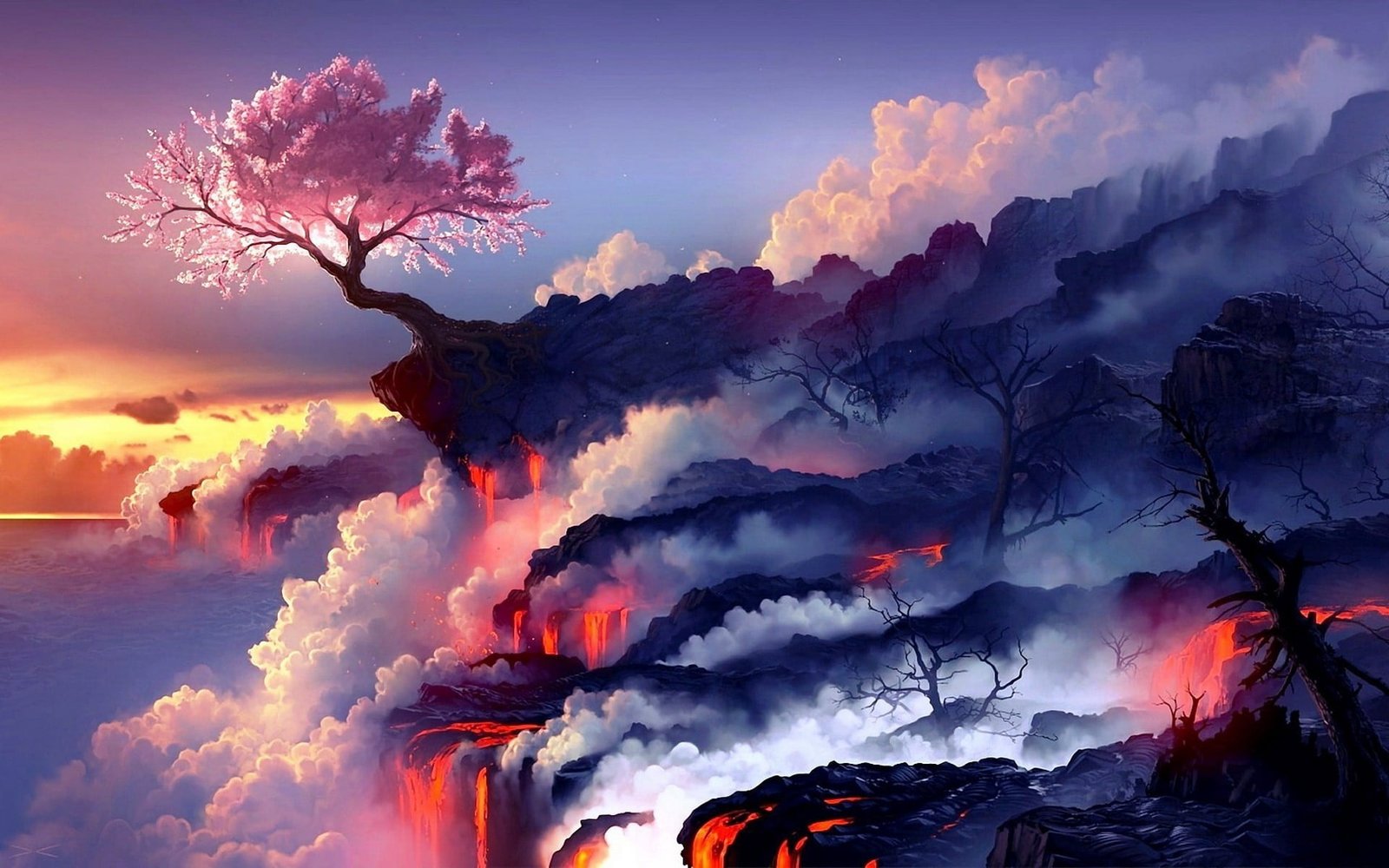 cherry blossom tree near flowing lava digital wallpaper art 2k