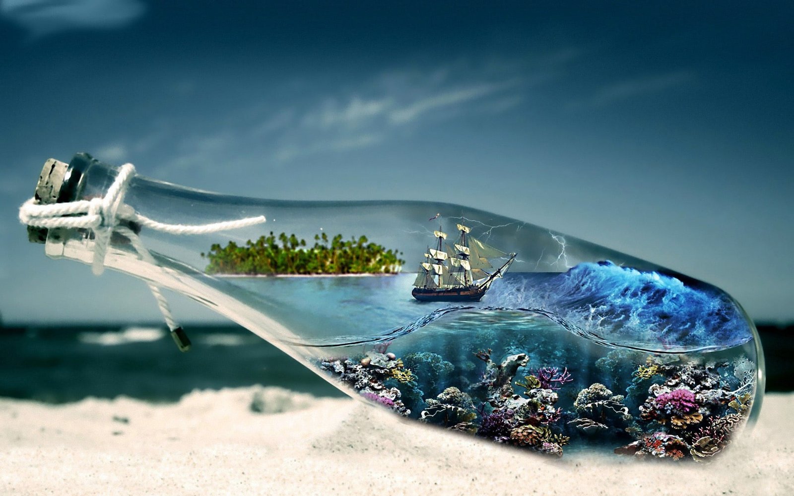 clear glass bottle SEA SHIP The OCEAN SKY SAND WAVE 2k