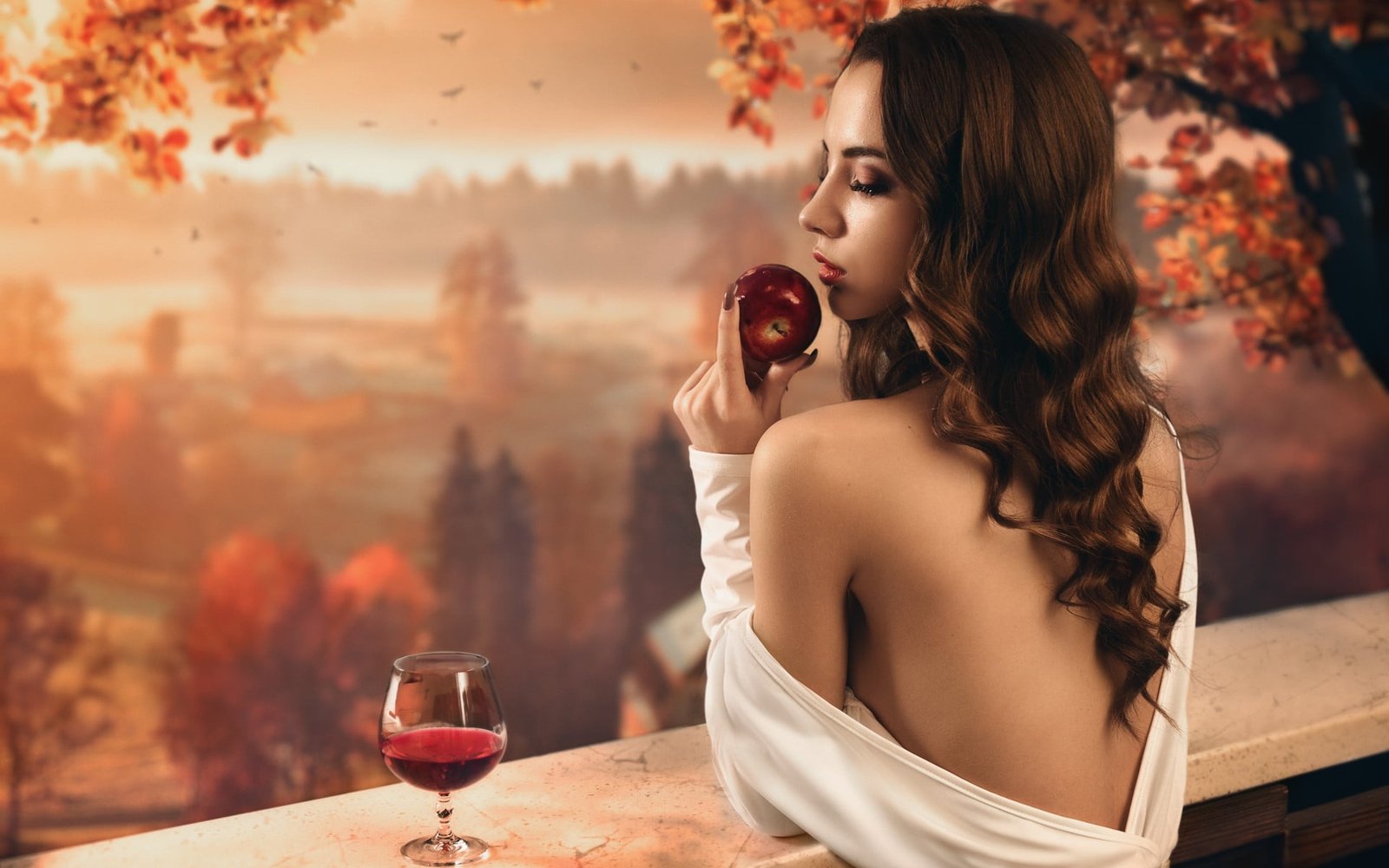 woman holding apple in balcony women model brunette long hair 2k
