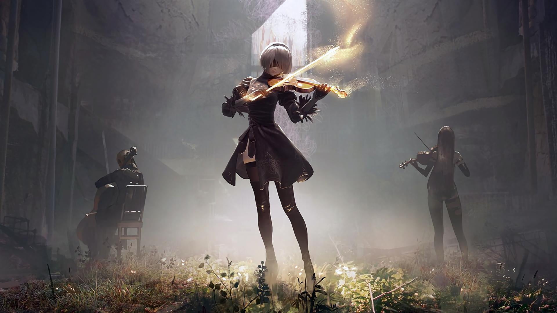 woman playing violin illustration Nier Automata 2k