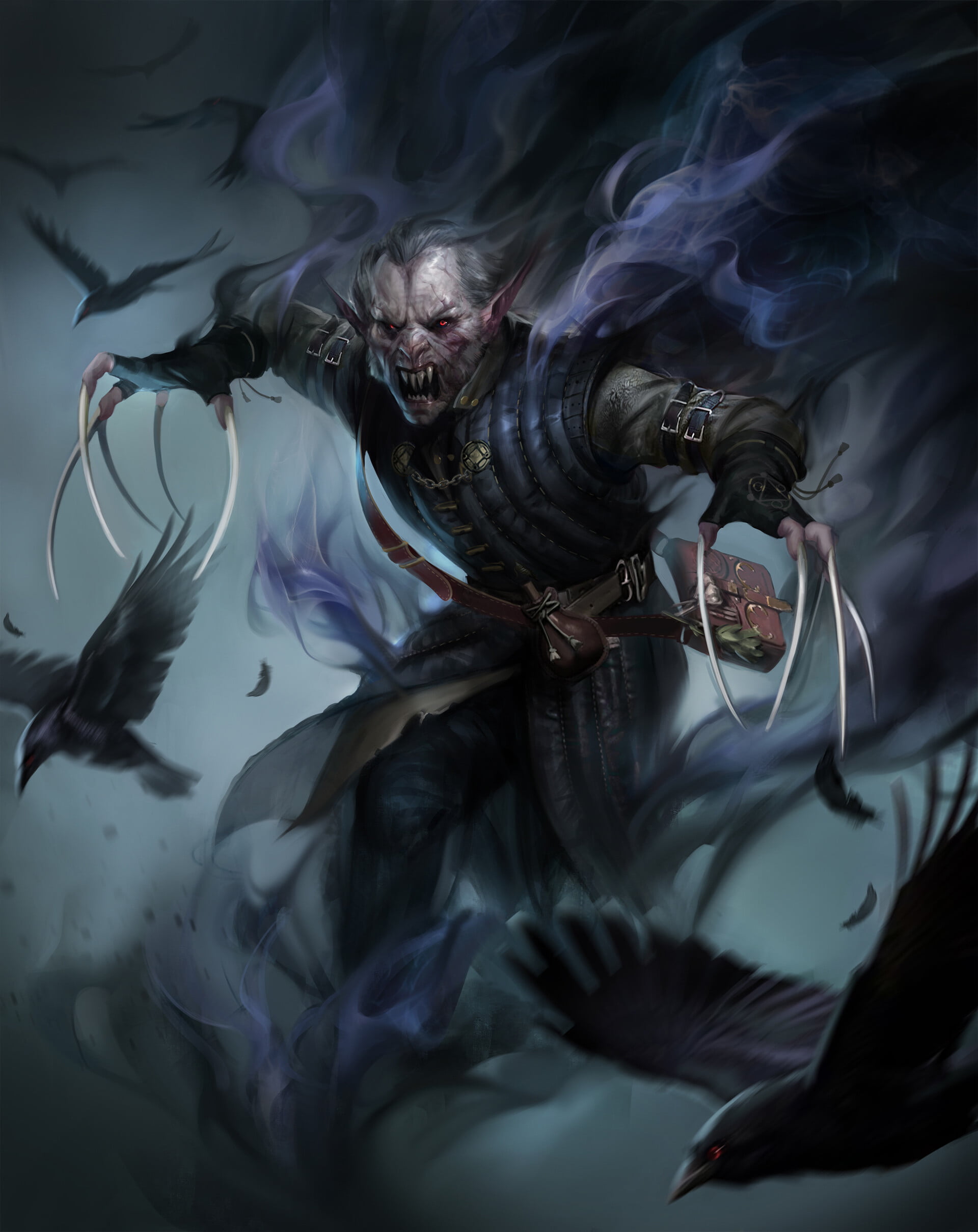 Darya Kozhemyakina crow claws fangs looking at viewer red eyes 2k