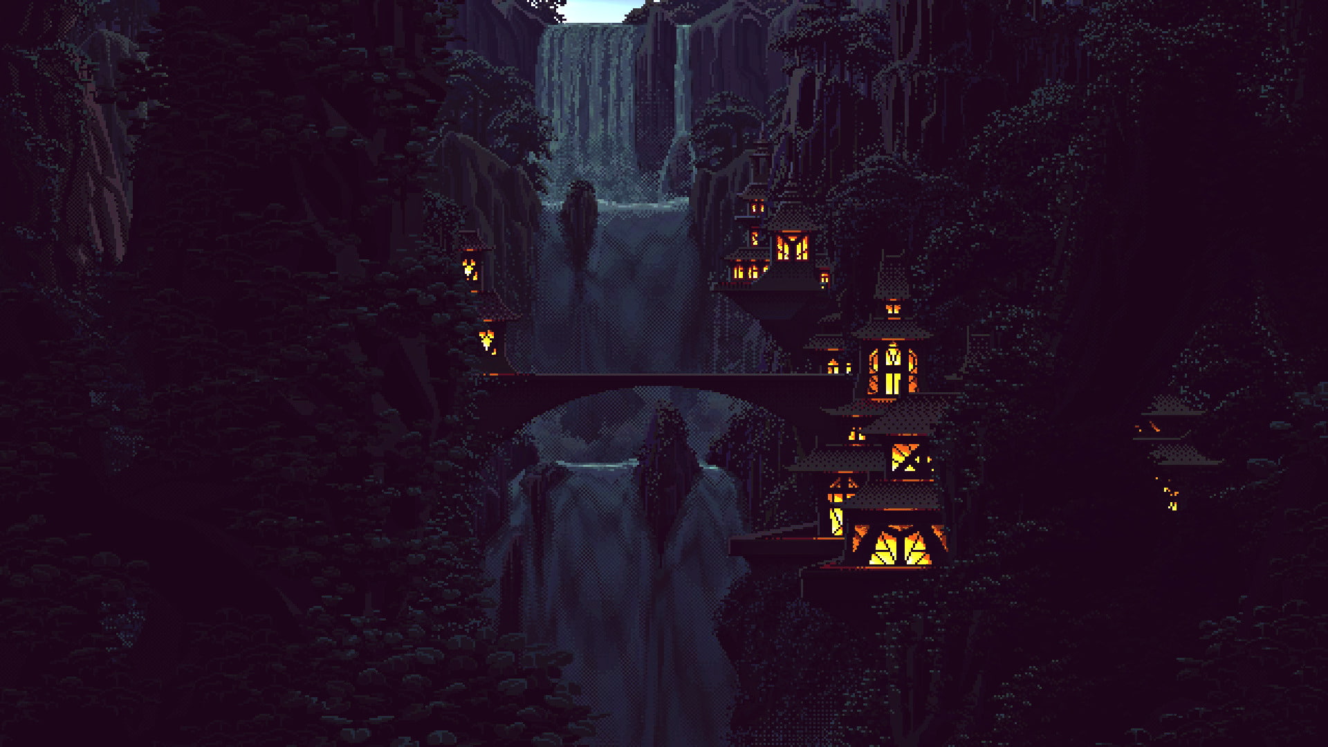 digital art pixel pixels 8 bit nature waterfall trees forest chinese architecture house lights mountain rock hill 2k
