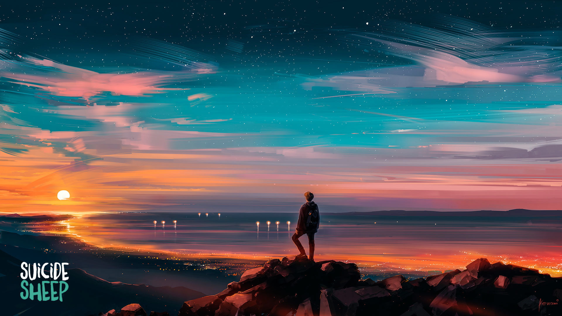 digital art artwork Aenami sunset landscape sea sky Suicide Sheep 2k