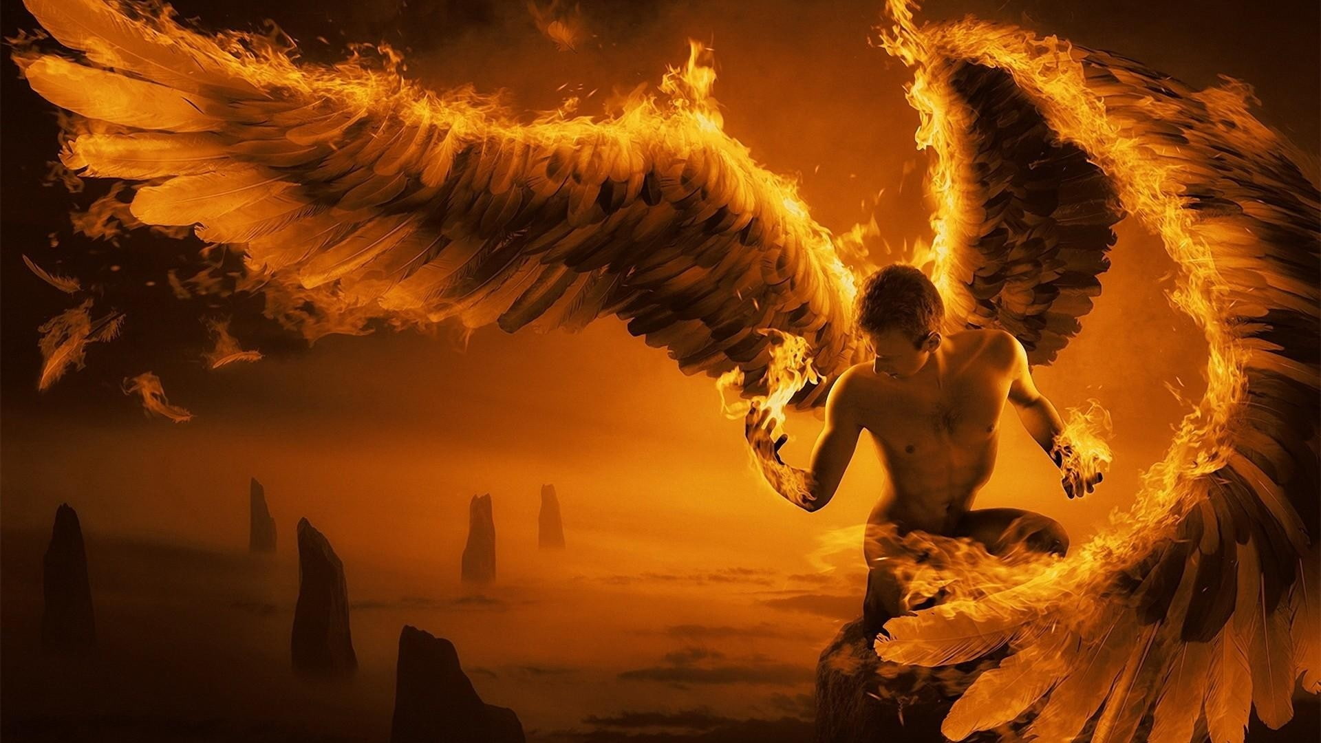 digital art men angel wings fire mist rock feathers 2k
