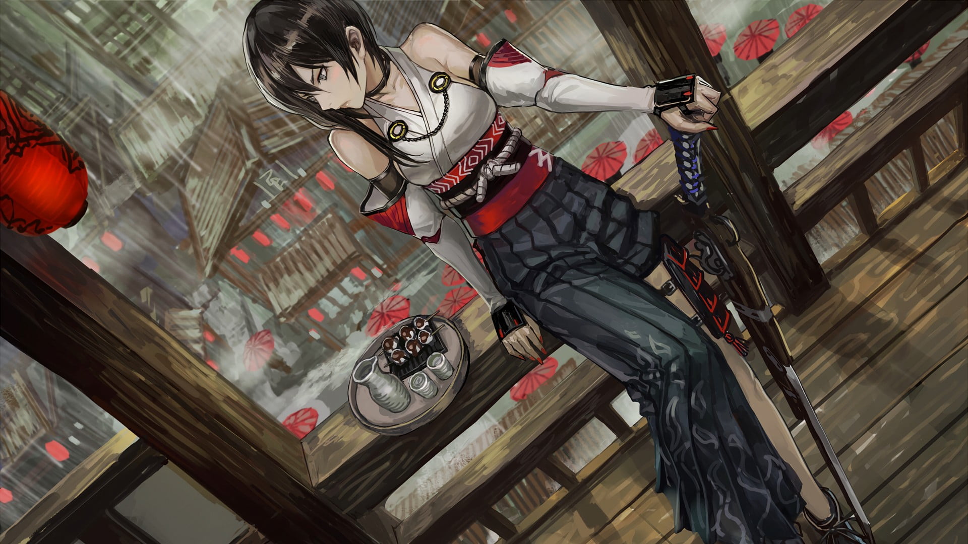 female anime character holding rifle illustration Pixiv Fantasia 2k