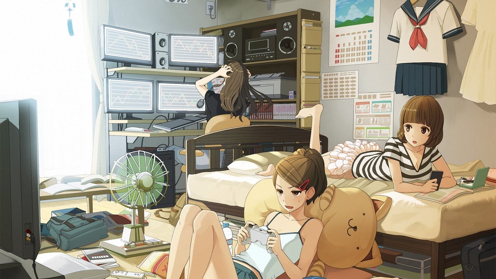 female anime characters women school uniform computer brunette 2k
