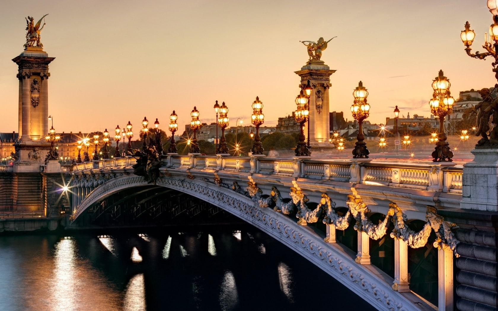 France Paris Pont Alexandre III Seine river city lights night scenery white and black bridge 2k