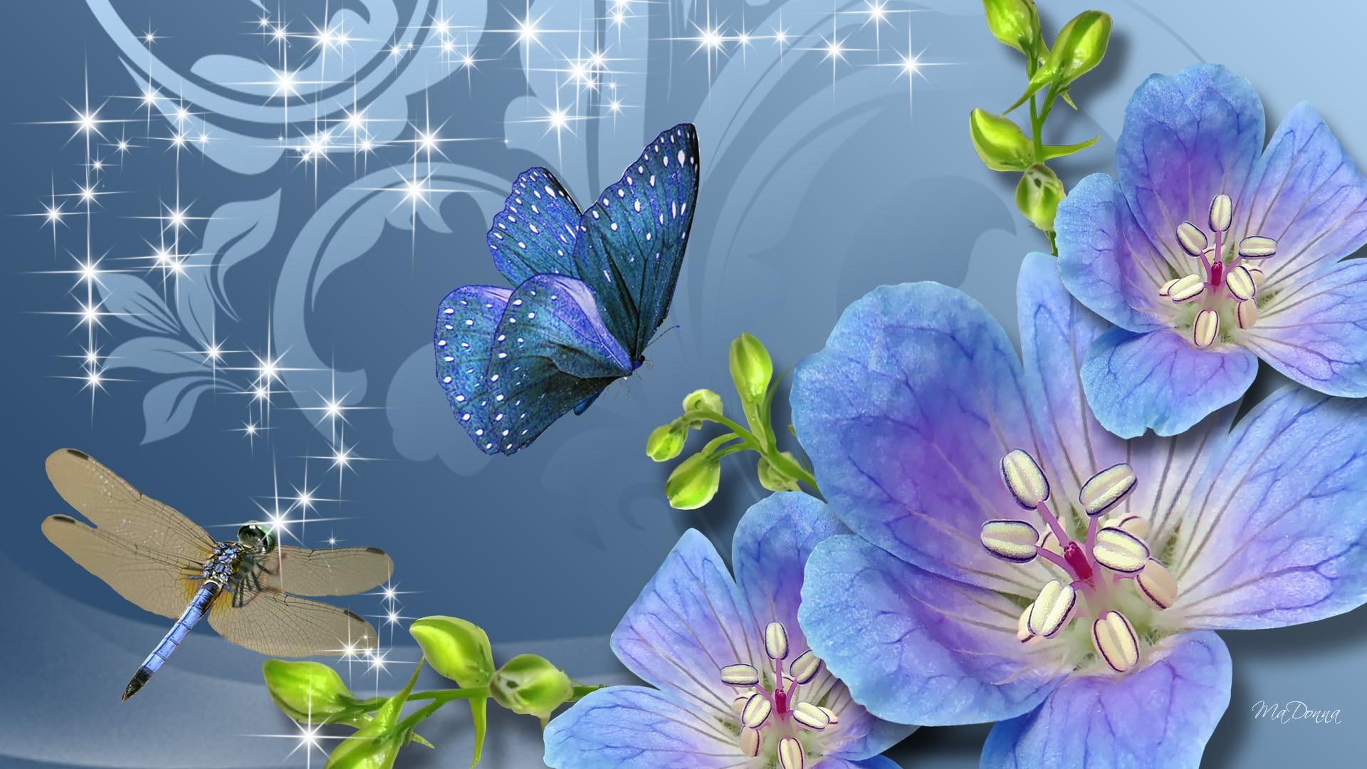 Fun Flowers Dragonfly purple petaled flower and butterfly artwork 2k