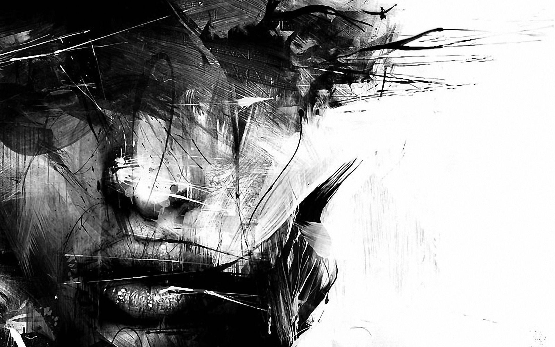 human portrait sketch digital art CGI face artwork splashes 2k