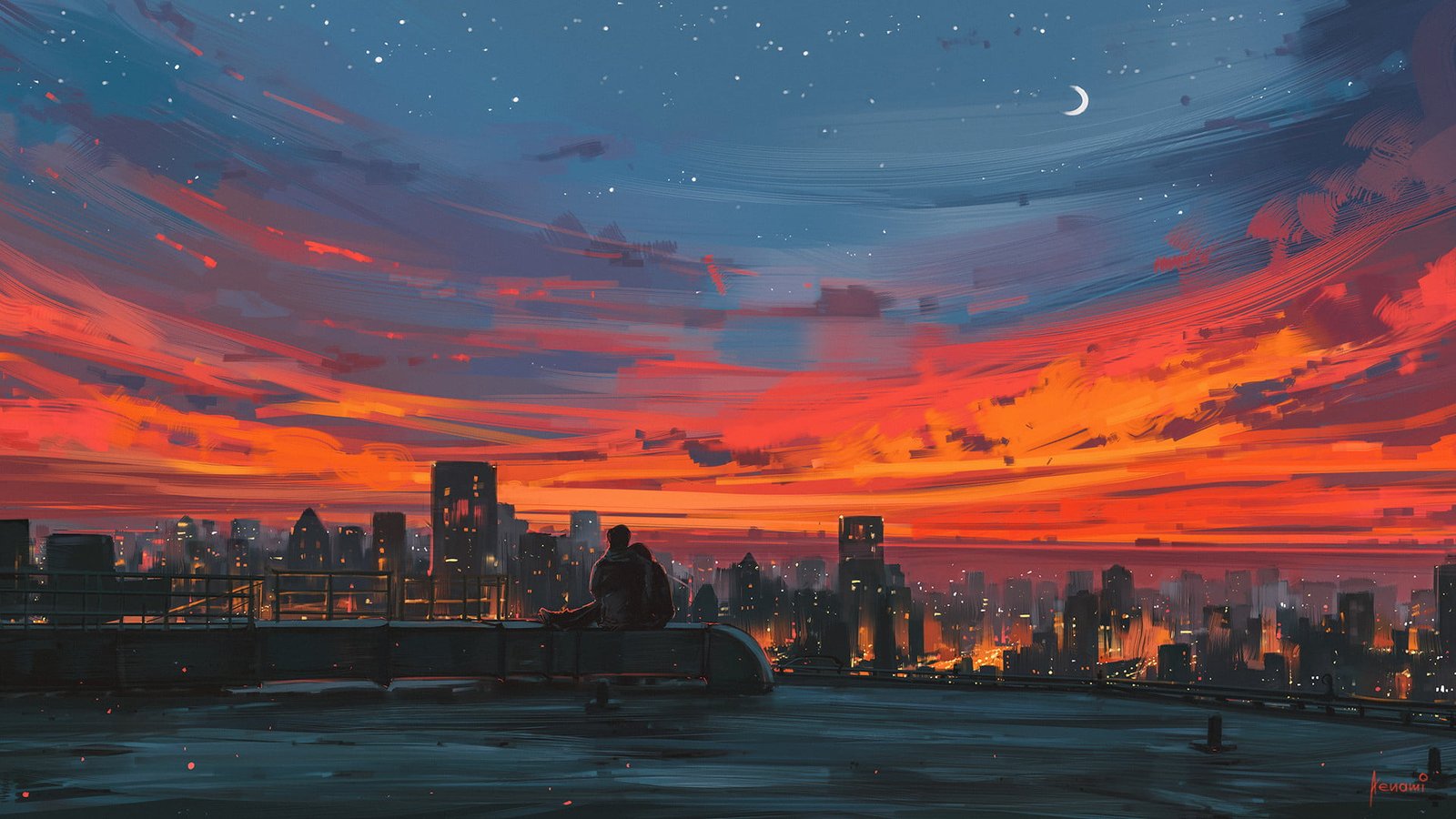 man and woman silhouette on top of building during golden hour animated wallpaper 2k