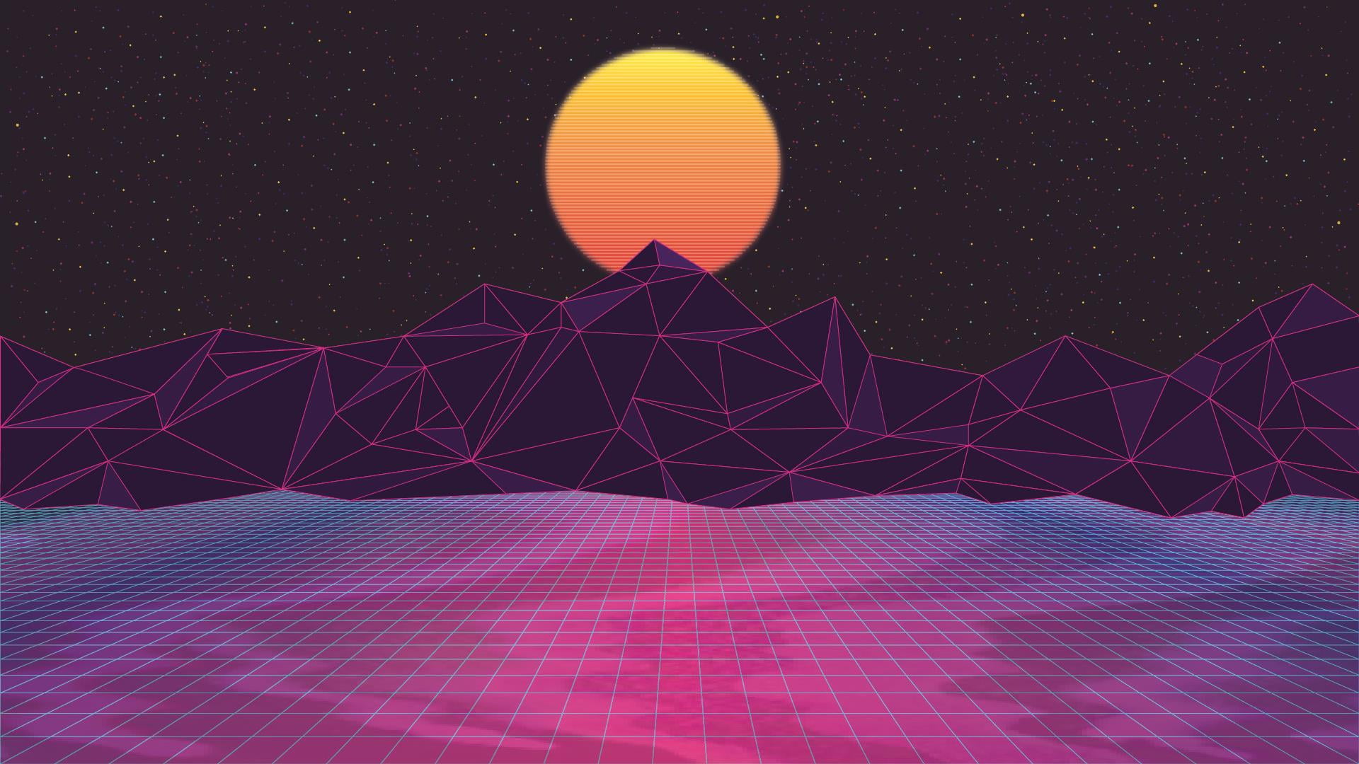 mountain illustration retrowave digital art purple dark background 2k