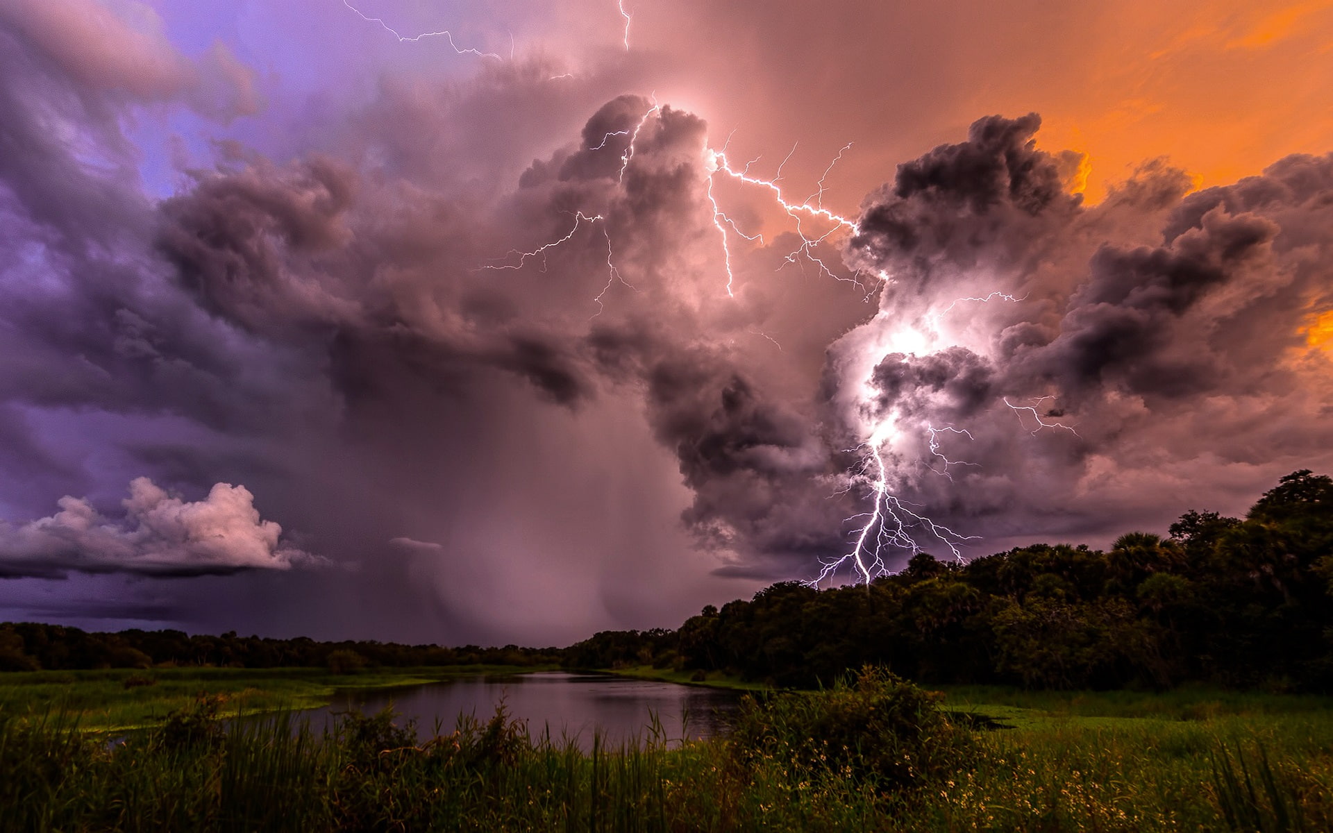 Nature thunder lightning clouds sky evening lake trees photo of dark and 2k