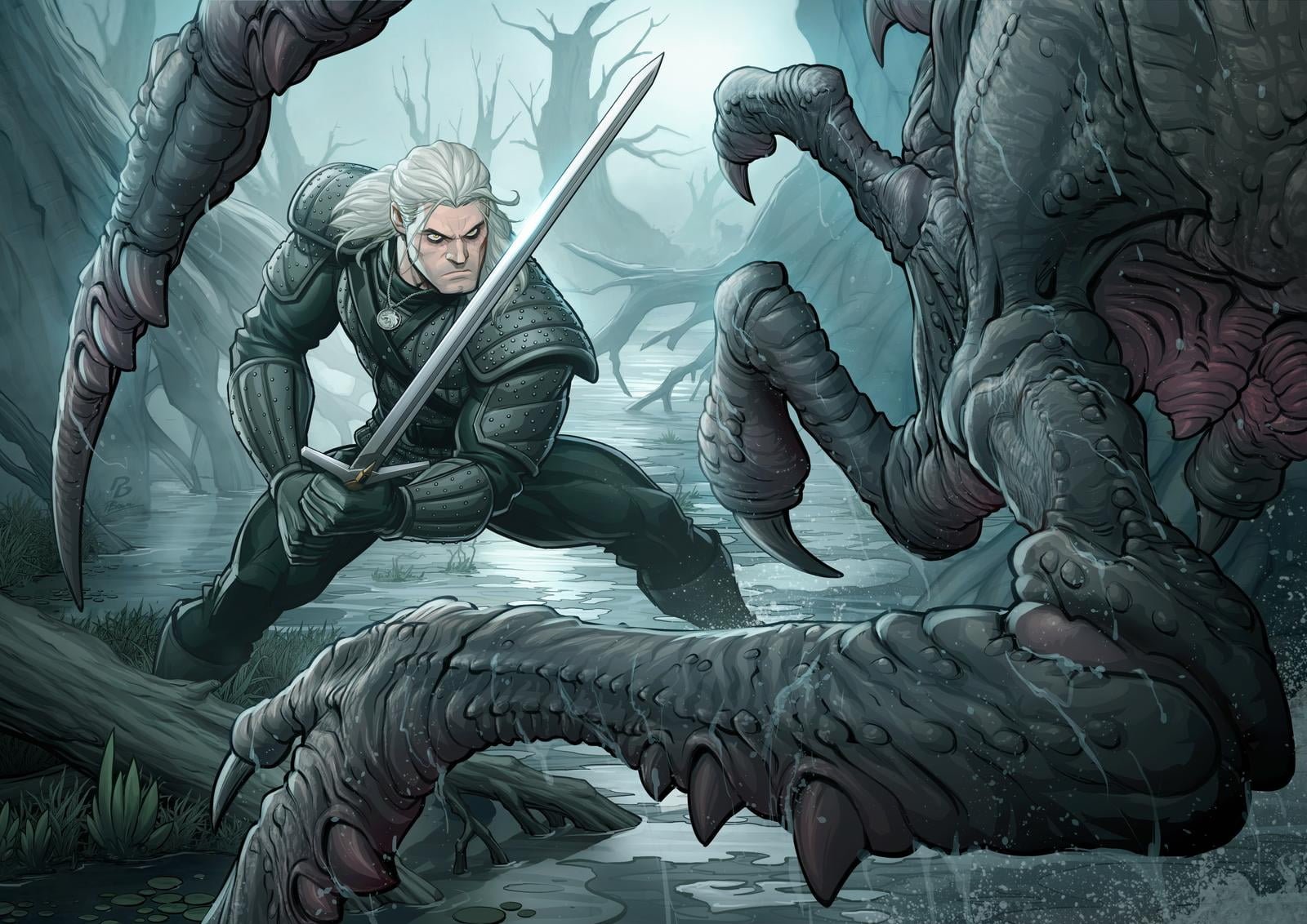 Patrick Brown drawing The Witcher Geralt of Rivia men white hair 2k