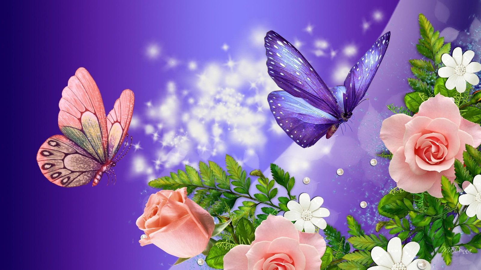 Peach Roses Purple Fantasy stars bright flowers spring summer 2k