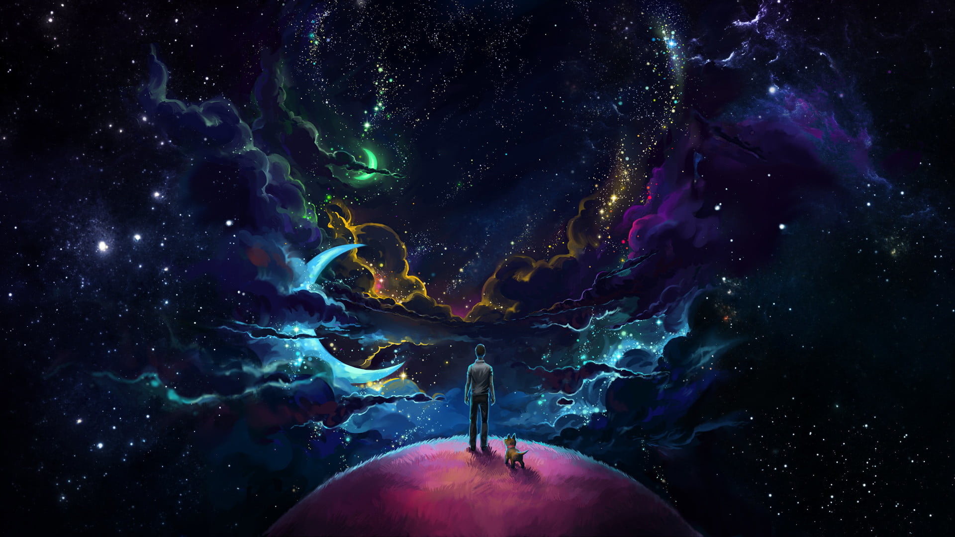 person standing on purple bottom digital art man and dog planet in front of cosmos galaxy 2k